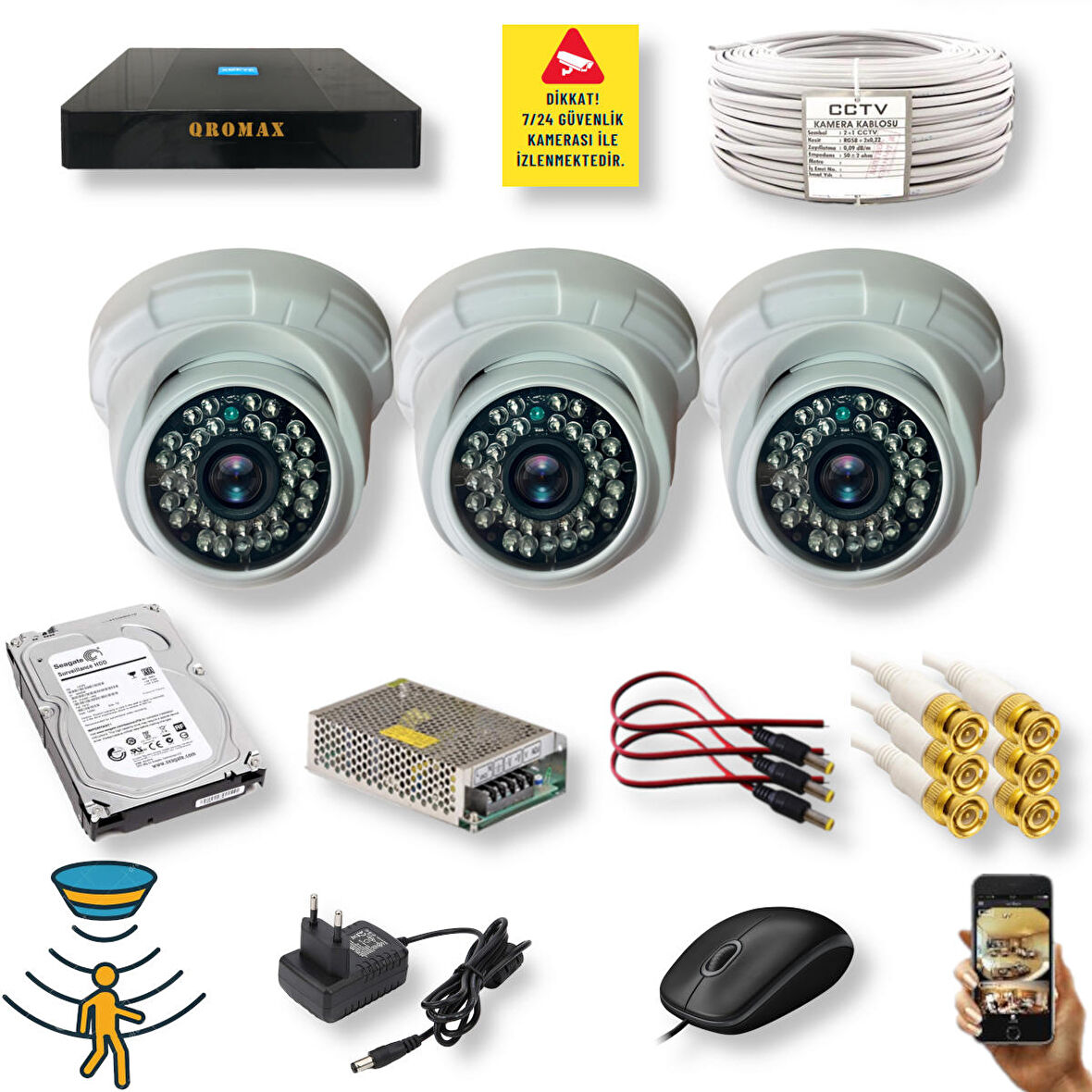 3 Kameralı Set - Hareket Algılayan Gece Görüşlü 36 IR Led 5MP Sony Lensli 1080P Full HD Dome İç Mekan Güvenlik Kamerası Seti D136b