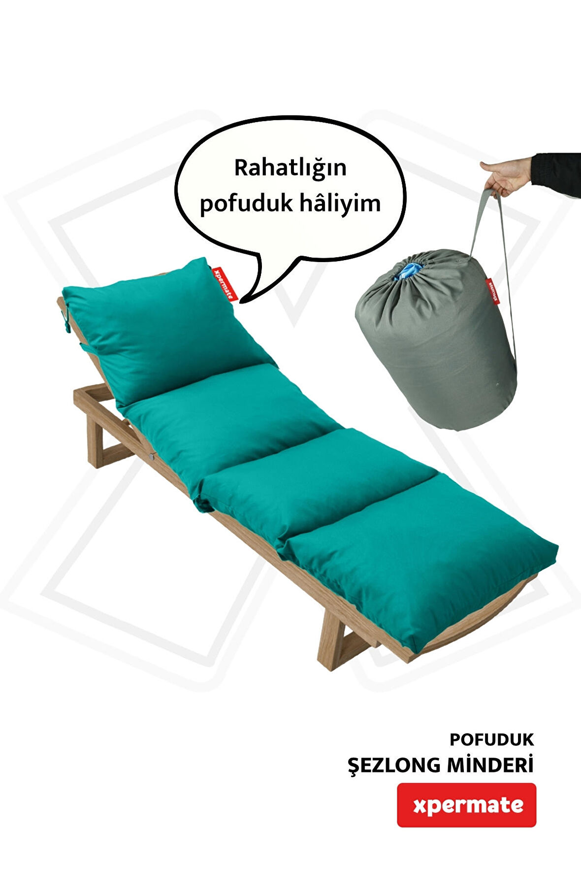 XPERMATE Pofuduk Şezlong Minderi 60x180x12Cm Su İtici,Katlanır,UV Güneş Dayanımı, Fermuar, Turkuaz