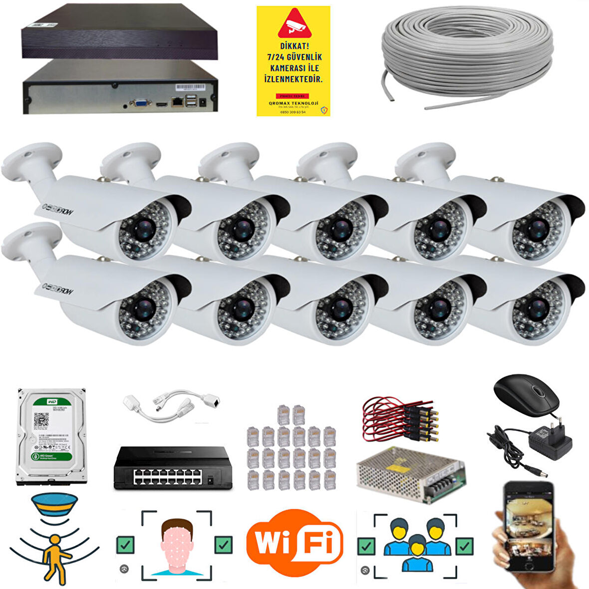 10 Kameralı Set - 5 Mp 1940P Sensör 6 Megapiksel Sony Lens Metal Kasa Ip Güvenlik Kamerası Seti