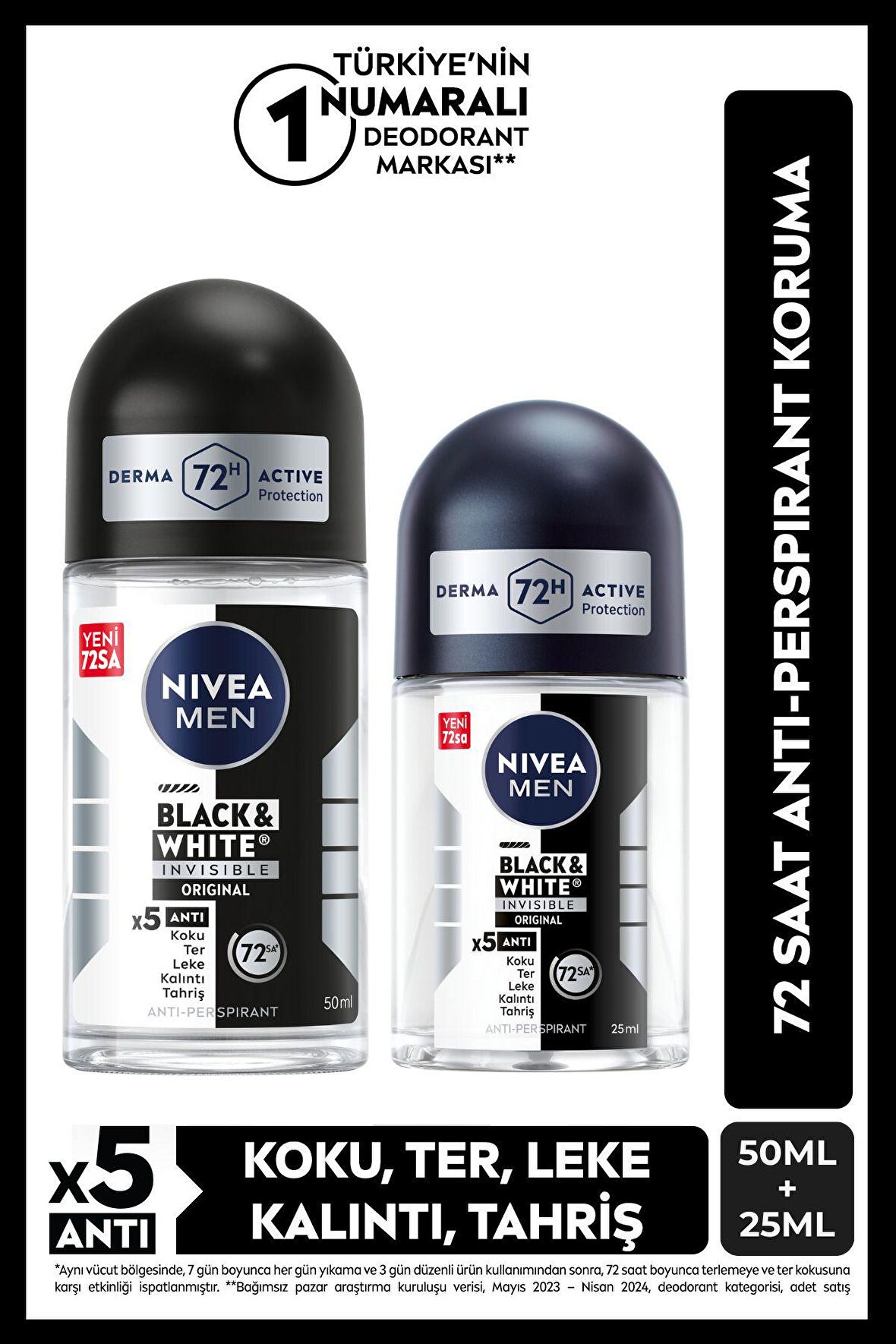 Nivea MEN Erkek Roll-on Deodorant Black&White Invisible Original 50ml Ve Mini Roll-on 25ml, 72 Saat Koruma