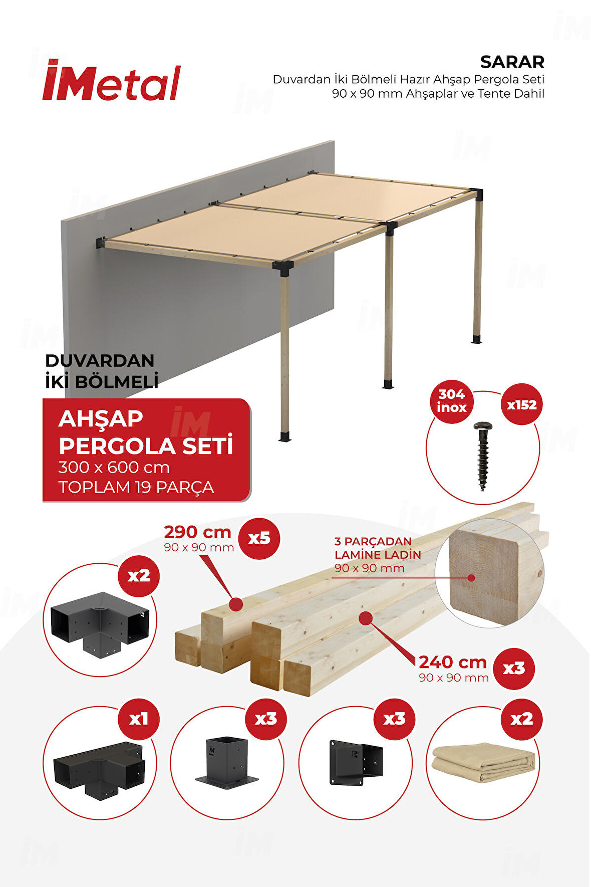 İmetal Sarar Duvardan İki Bölümlü Hazır Ahşap Pergola Seti 90x90  mm Ahşaplar ve Tente Dahil