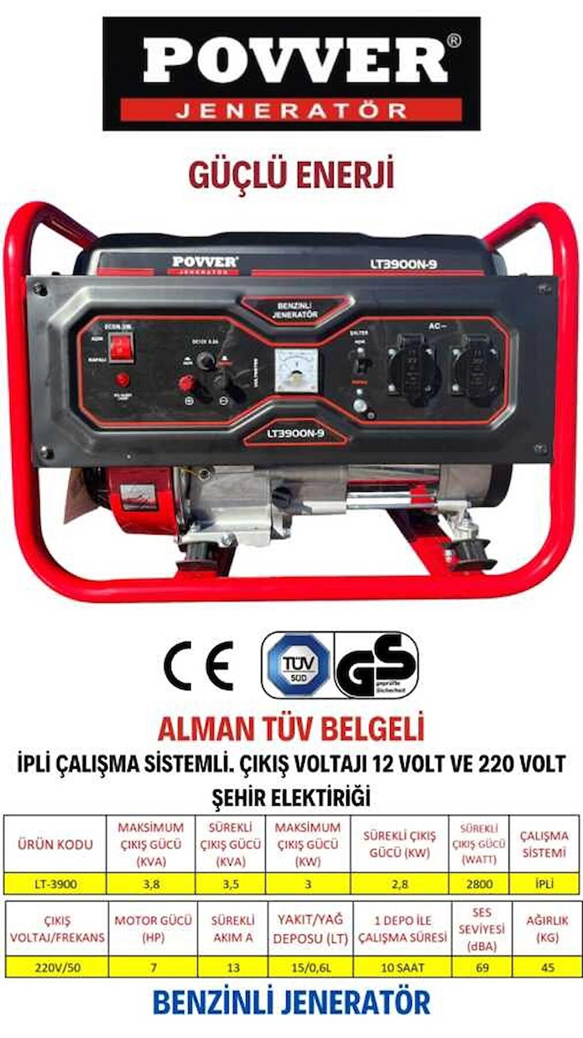 POWER Lt3900 3.8 Kva 3.0 Kw Benzinli Jeneratör Ipli