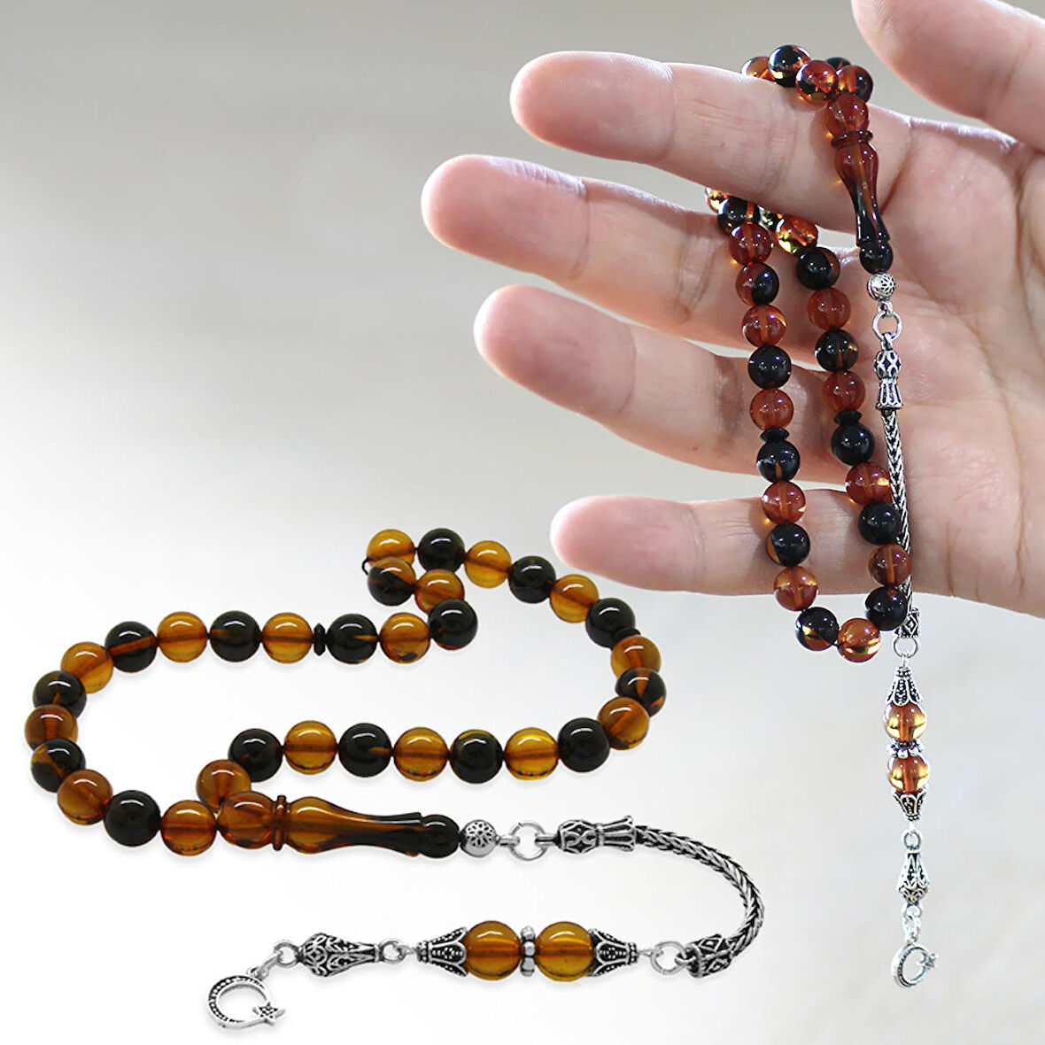 925 Ayar Gümüş Ay Yıldız Püsküllü Küre Kesim Sarı-Siyah Ateş Kehribar Tesbih