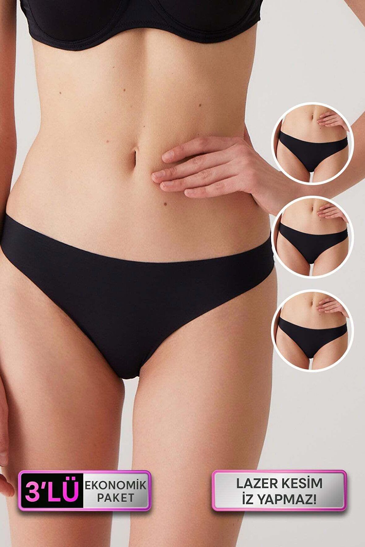 Kadın 3'lü Ekonomik Paket Siyah 2835 Iz Belli Etmeyen Külot (AĞ KISMI PAMUKLU)