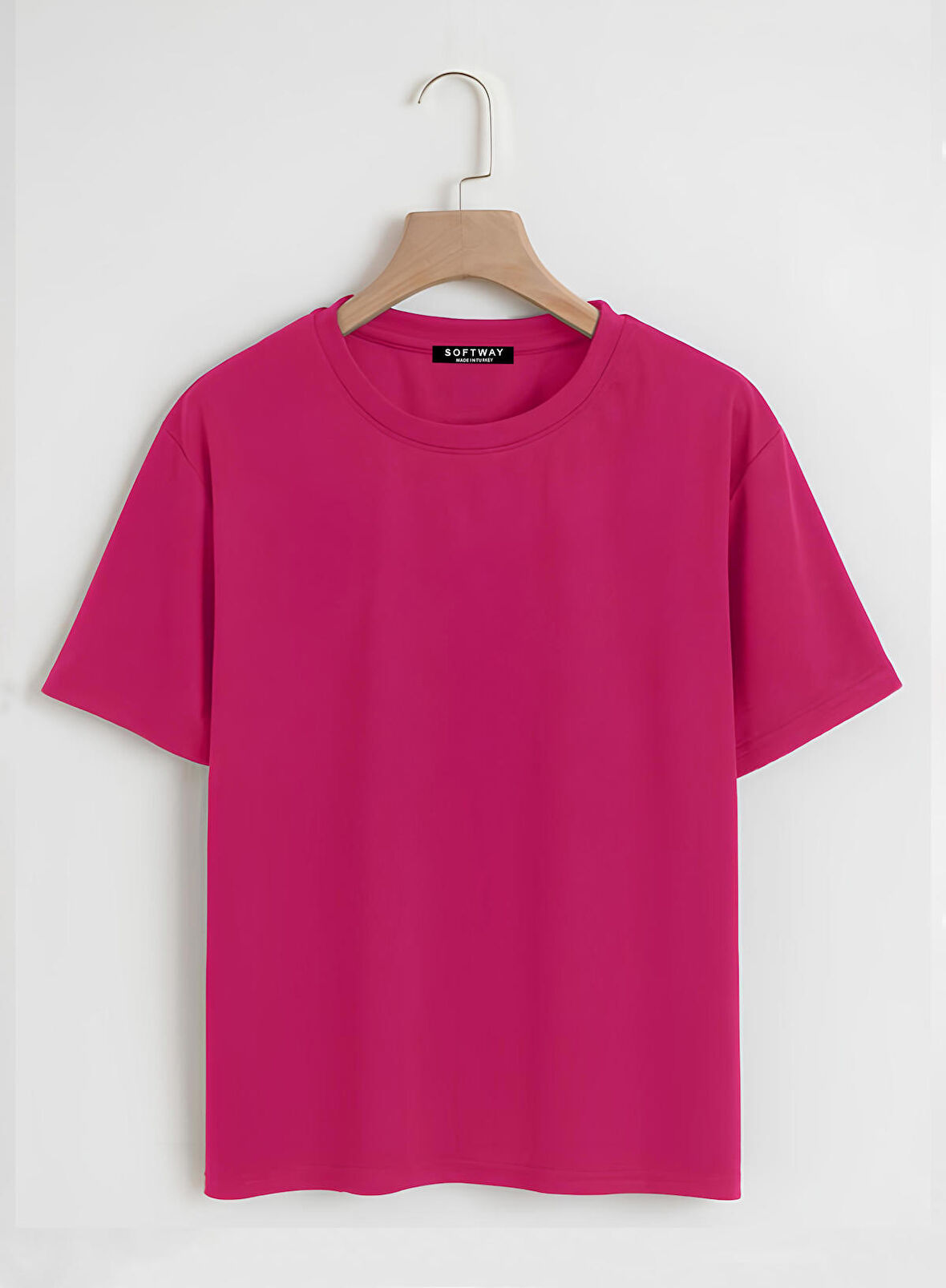 Unisex Oversize Bisiklet Yaka Düz Basic T-Shirt - FUŞYA