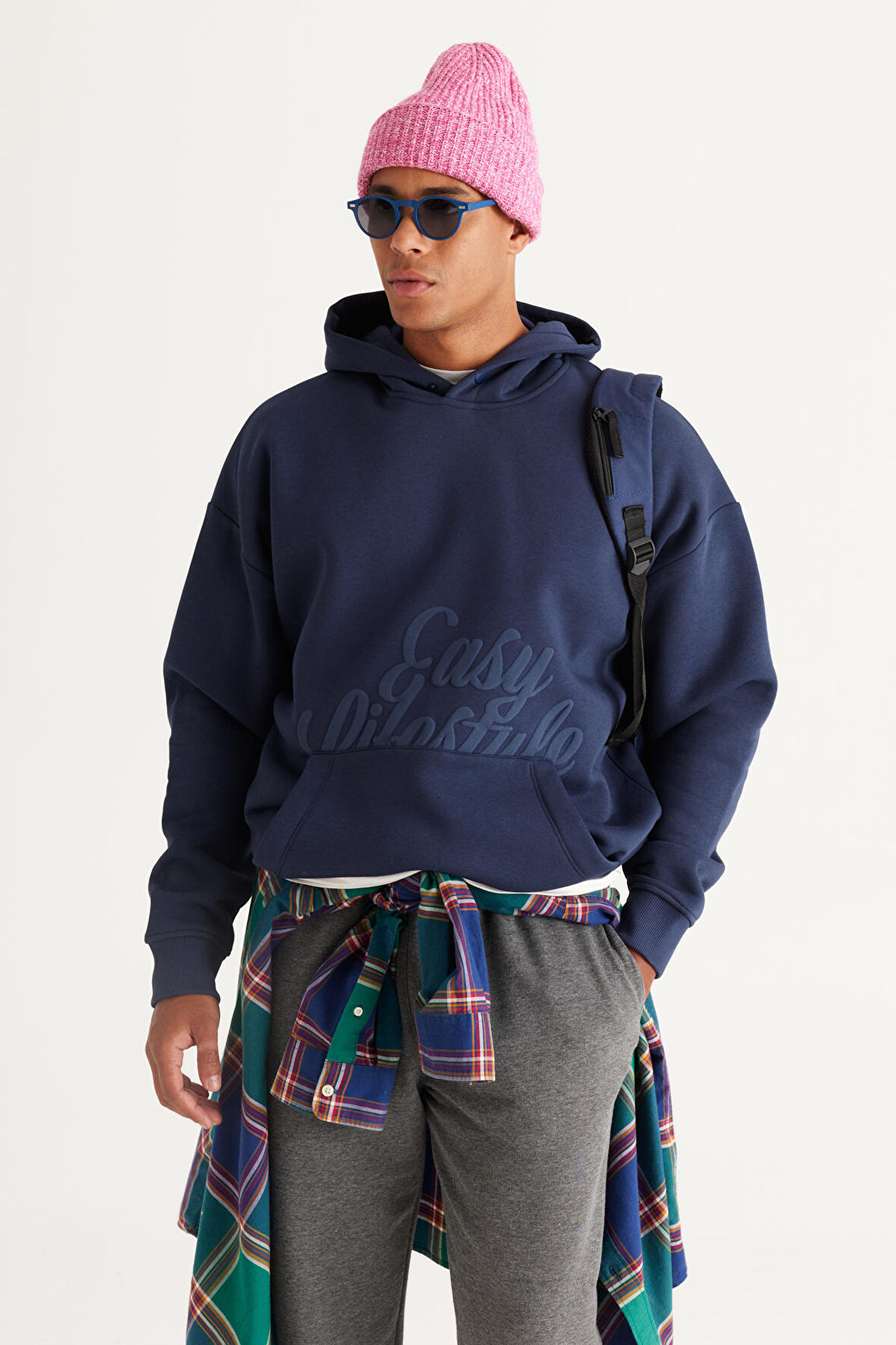 Erkek Indigo Oversize Fit Bol Kesim Kapüşonlu Içi Polarlı 3 Iplik Baskılı Sweatshirt