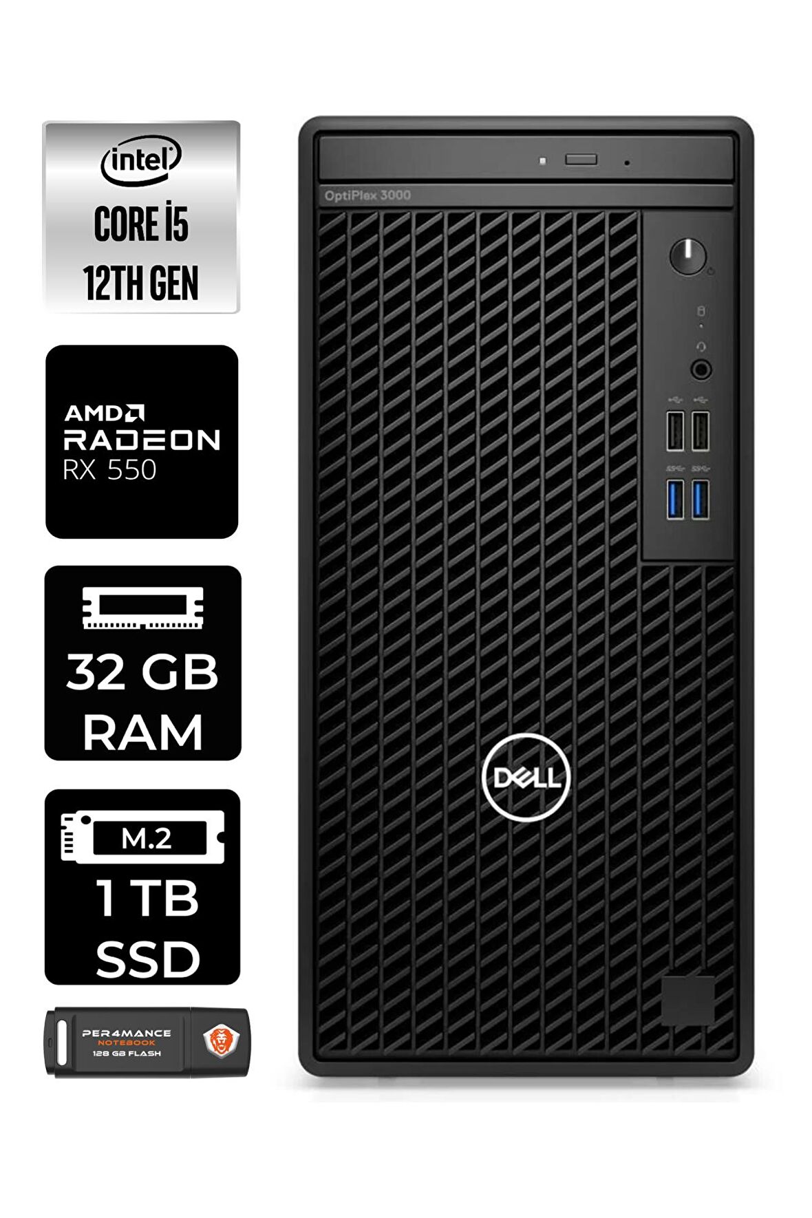 DELL OPTİPLEX i5 12500 32GB RAM 1TB SSD RX550/4GB W11PRO N010O3000MTAC MASAÜSTÜ PC & PER4 BELLEK