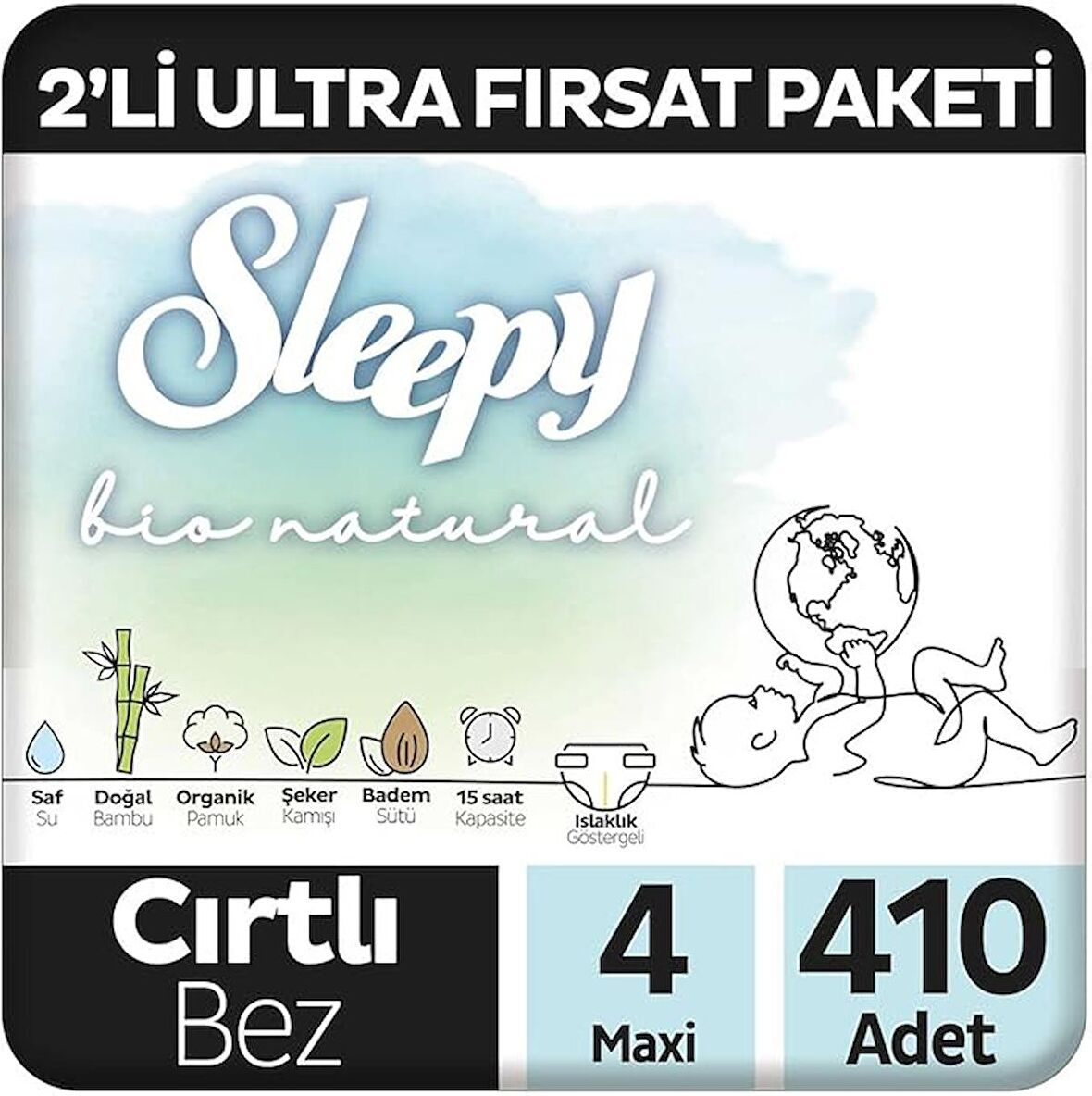 Sleepy Bio Natural 2'li Ultra Fırsat Paketi Bebek Bezi 4 Numara Maxi 410 Adet