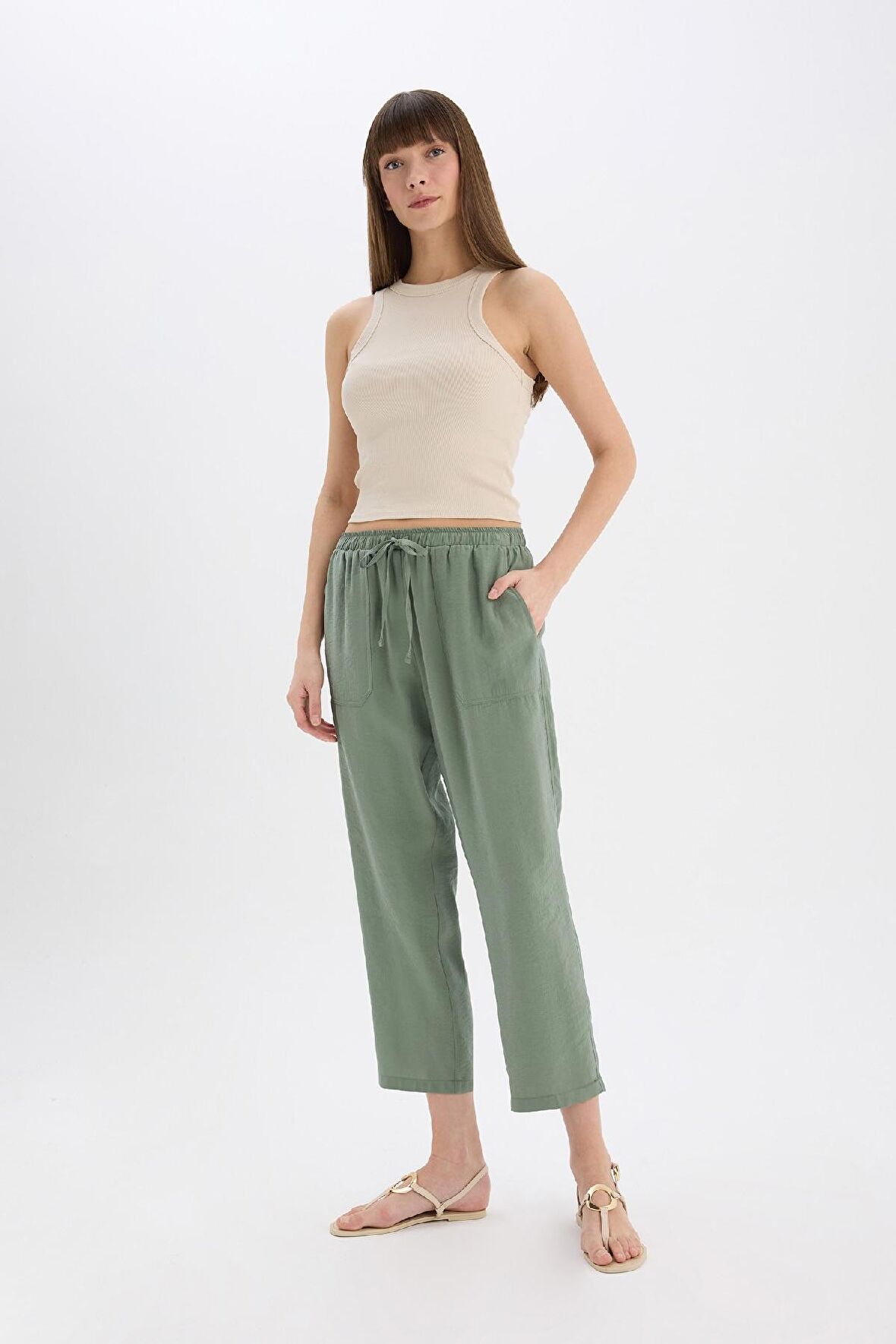 Straight Fit Çift Cepli Yüksek Bel Düz Paça Modal Pantolon