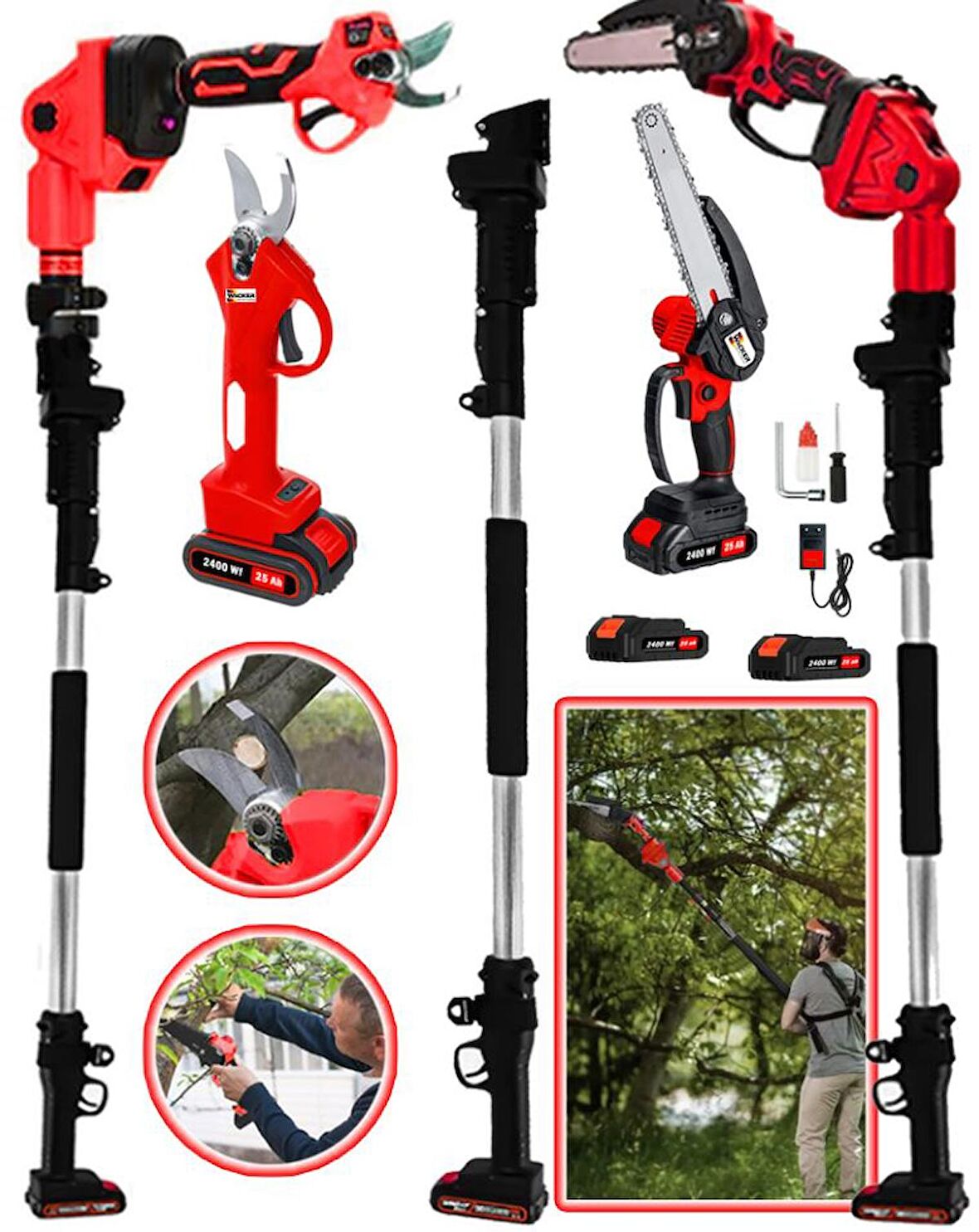 Wacker Germany 3 Lü Set Red 2400 Wf 25 Ah Akülü Bağ Makası + Akülü Dal Budama + 2.7 Metre Teleskopik Uzatma Hediyeli