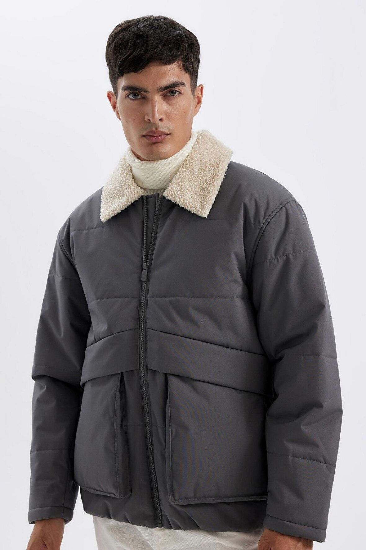 Slim Fit Fermuarlı Mont Dar Kesim Polo Suni Kürk Yaka Cepli