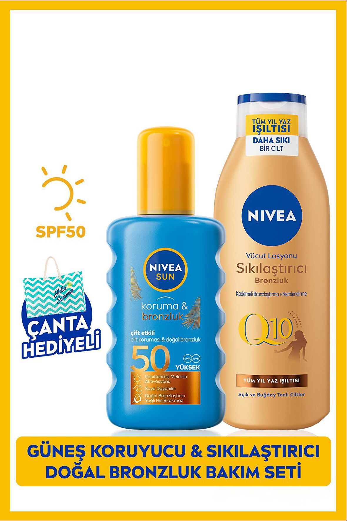 Nivea Sun Koruma Bronzluk Güneş Spreyi 200ml Ve Q10 Sıkılaştırıcı Bronzlaştırıcı Losyon 200ml,çanta Hediye