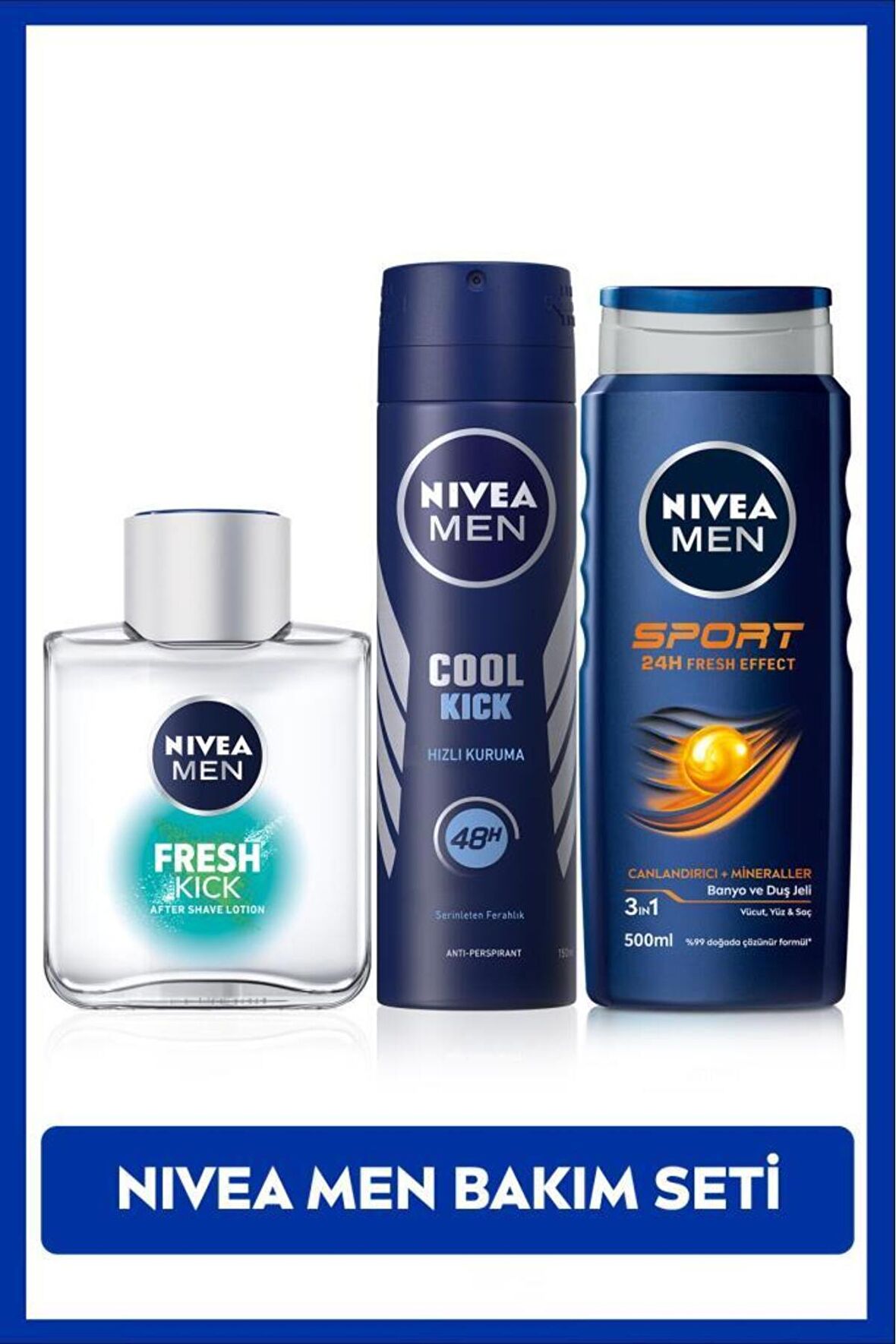 Nivea Erkek Cool Kick Fresh Sprey Deodorant 150ml, Kick Fresh Tıraş Sonrası Losyon, Sport Duş Jeli 500ml