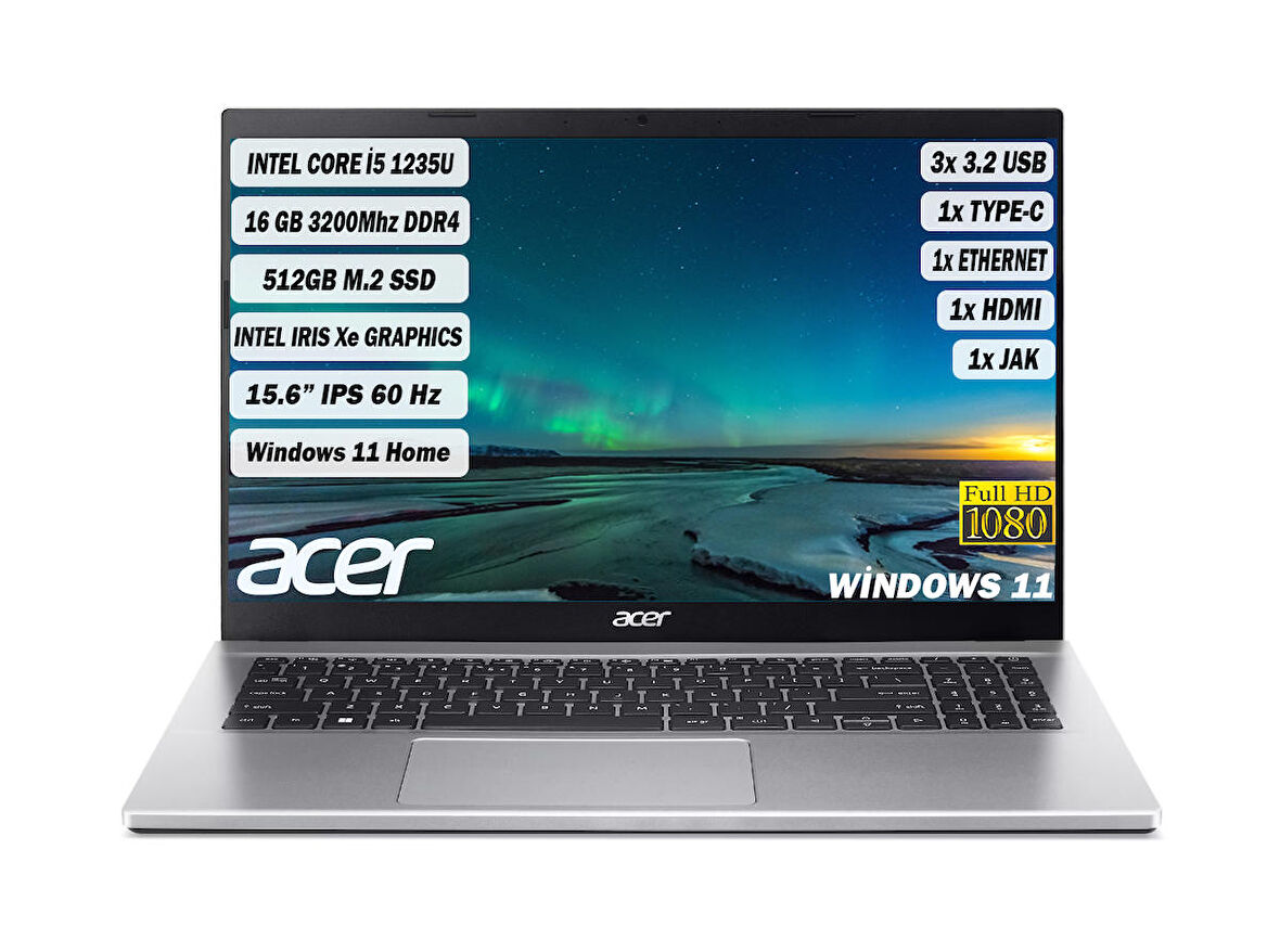 Acer Aspire 3 I5-1235U 16 GB 512 GB SSD 15,6" Fhd IPS W11 Gümüş NX.K6TEY.002+165