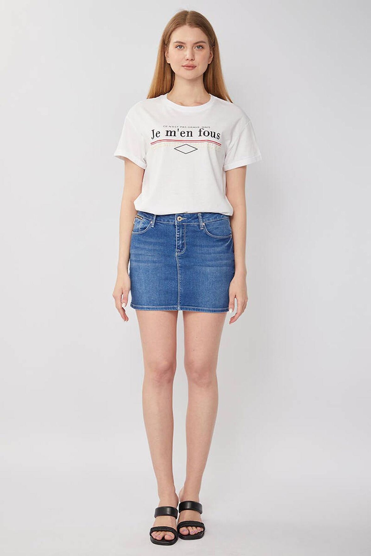 BLUE WHİTE-Kadın Jean Kısa Etek Açık Mavi