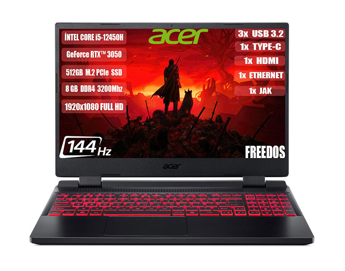 Acer Nitro 5 AN515-58-544K Intel I5-12450H 8GB 512GB SSD RTX3050 15.6" FHD IPS 144hz Freedos Taşınabilir Bilgisayar NH.QFJEY.007