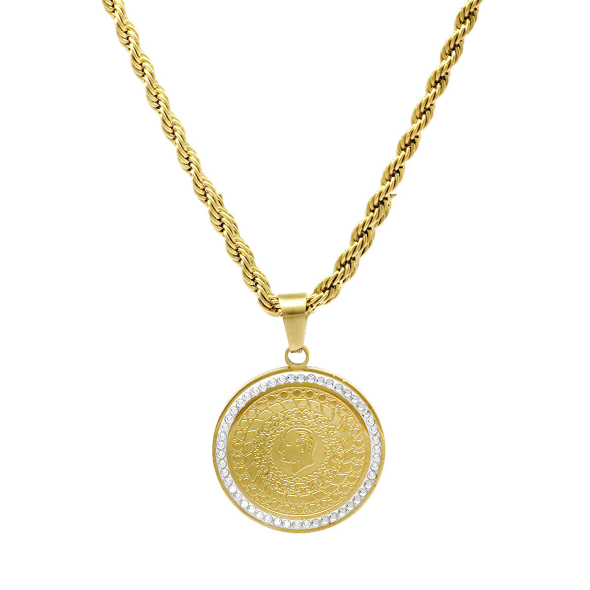 Gold Renk Beyaz Zirkon Taş Süslemeli (Reşat Altın) Beşi Bir Yerde Tasarım Çelik Kadın Kolye