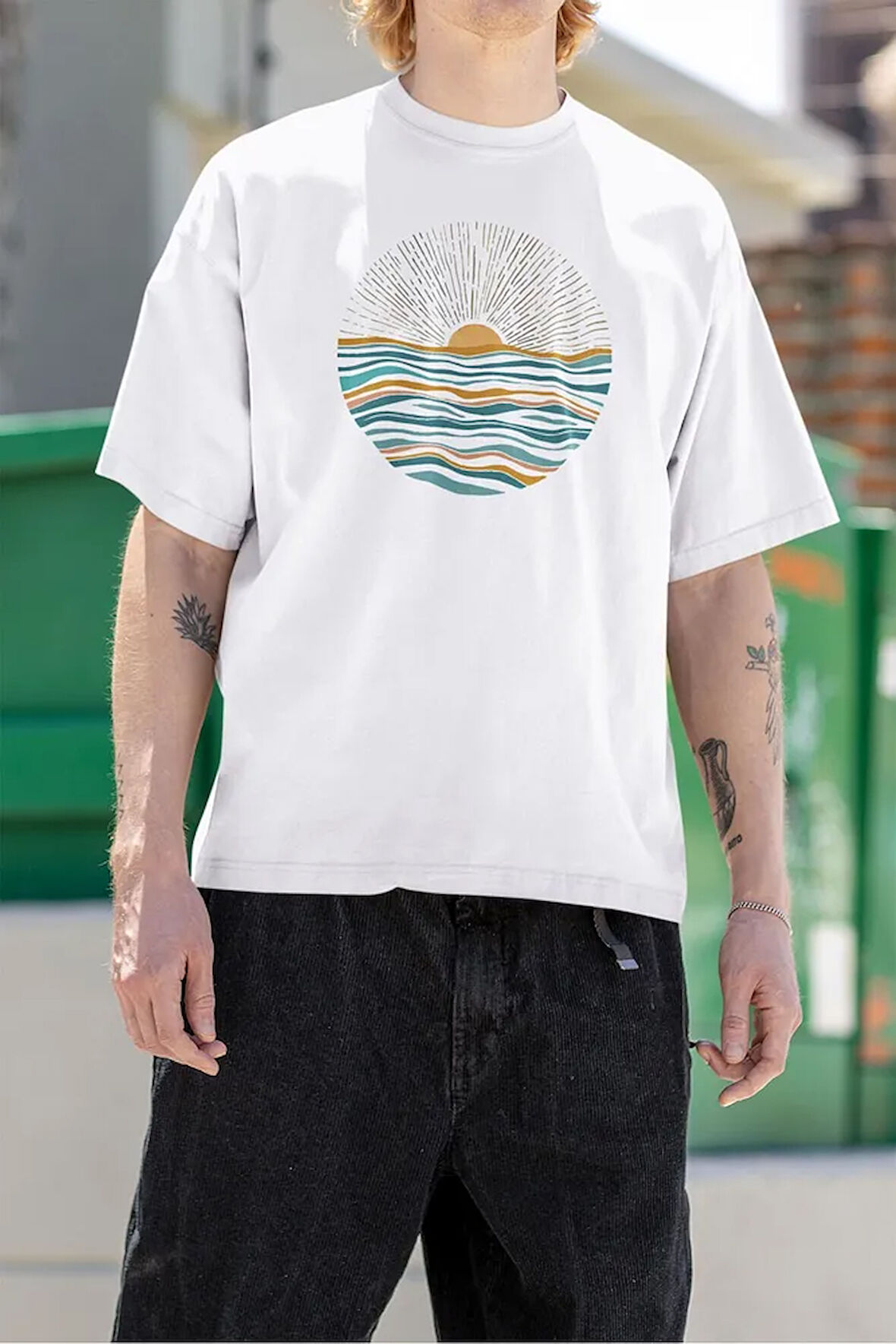 Yaz Temalı Manzara Baskılı Unisex Oversize Tişört