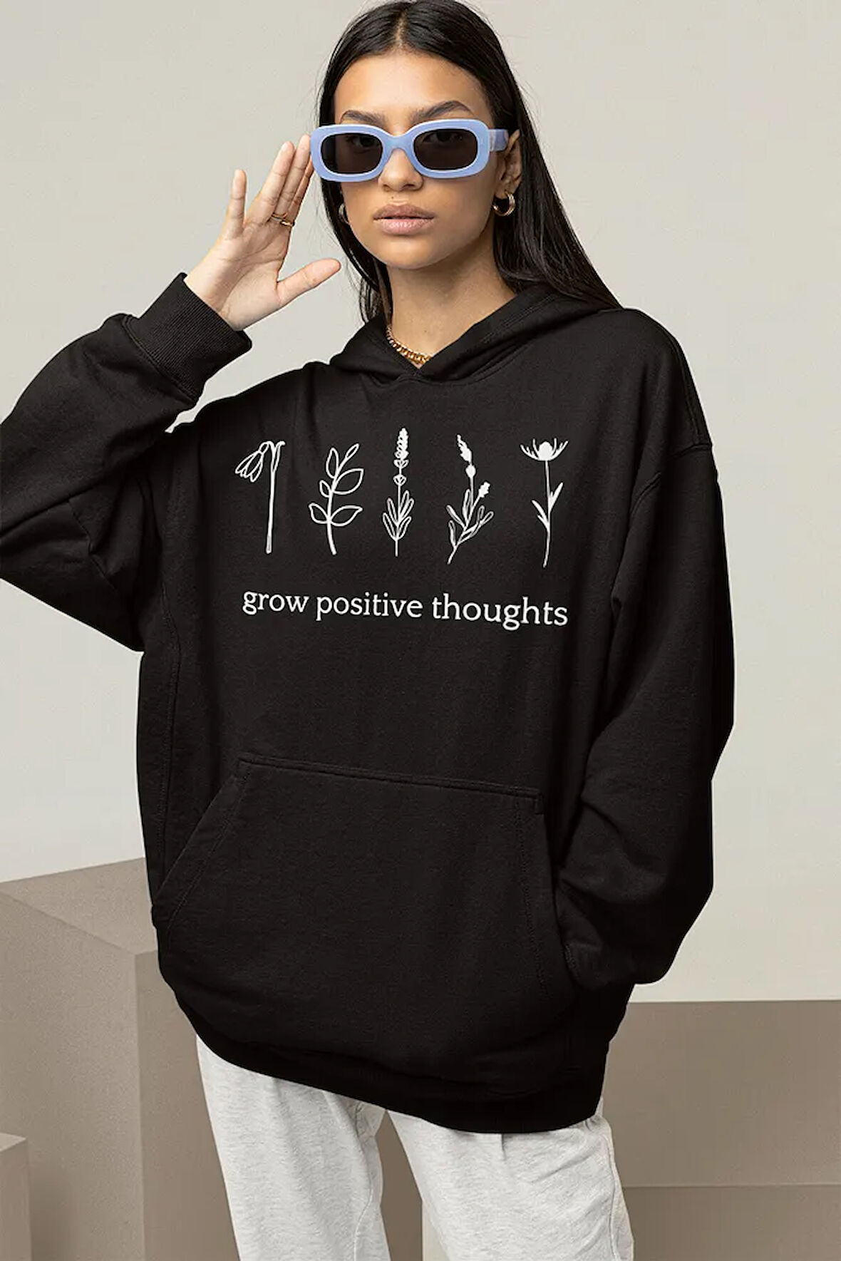 Grow Positive Thoughts Baskılı Unisex Oversize Hoodie