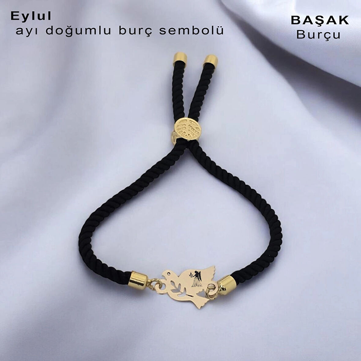 Sonbaharı Yansıtan Kuş Motifli Siyah Örgü Desenli ve 14 Ayar Altın Plakalı Eylül Bilekliği
