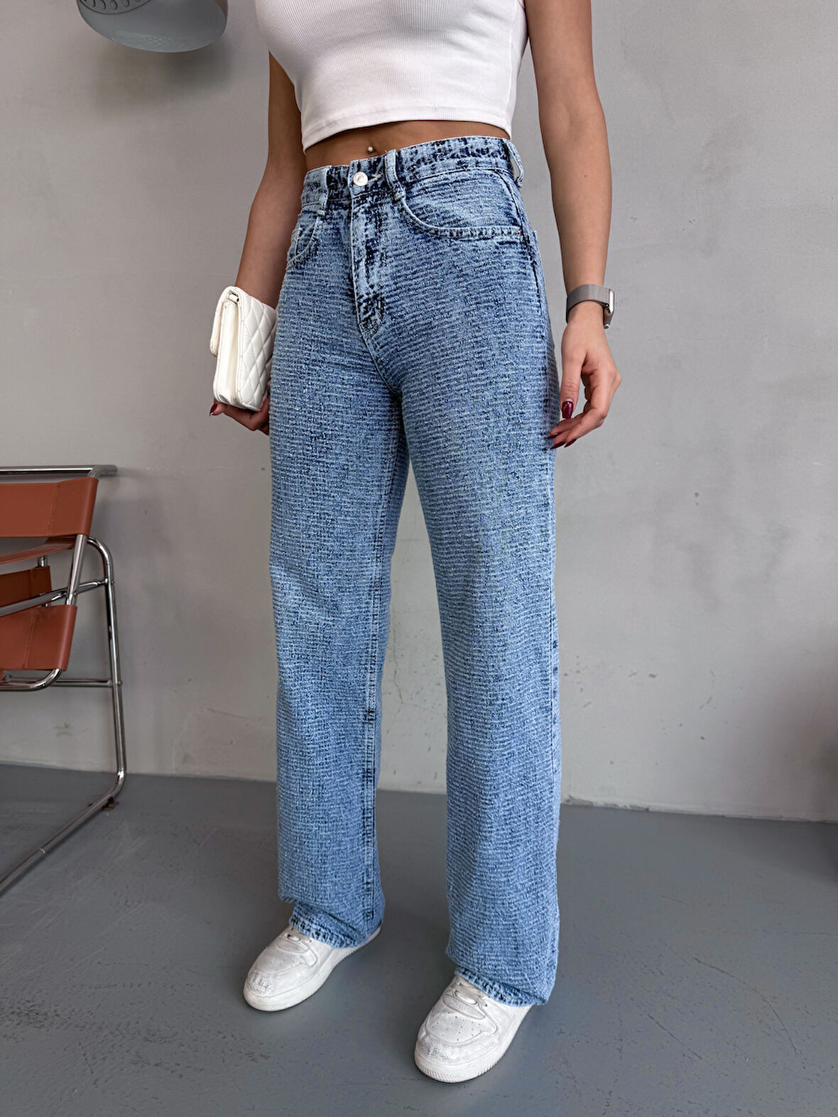 Kadın Punch Tasarım Wide Leg Jean Pantolon