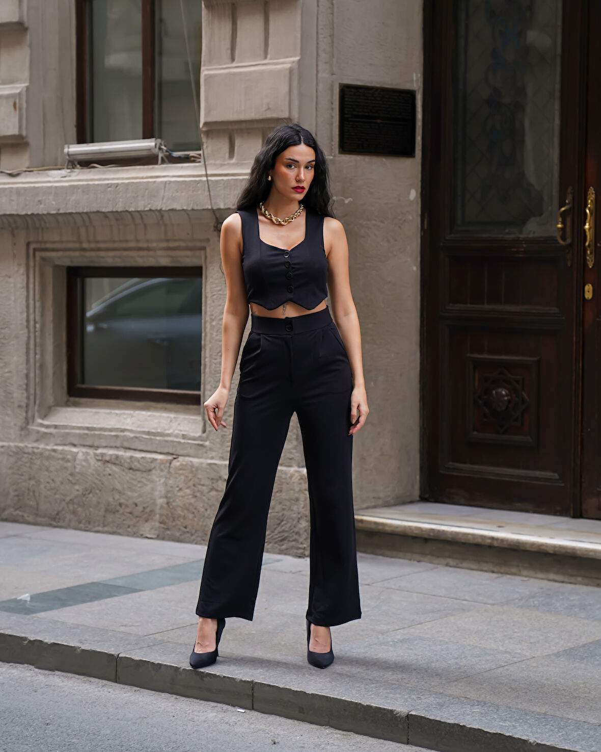 Kadın Crep V Yaka Yelek ve Pantolon Takım