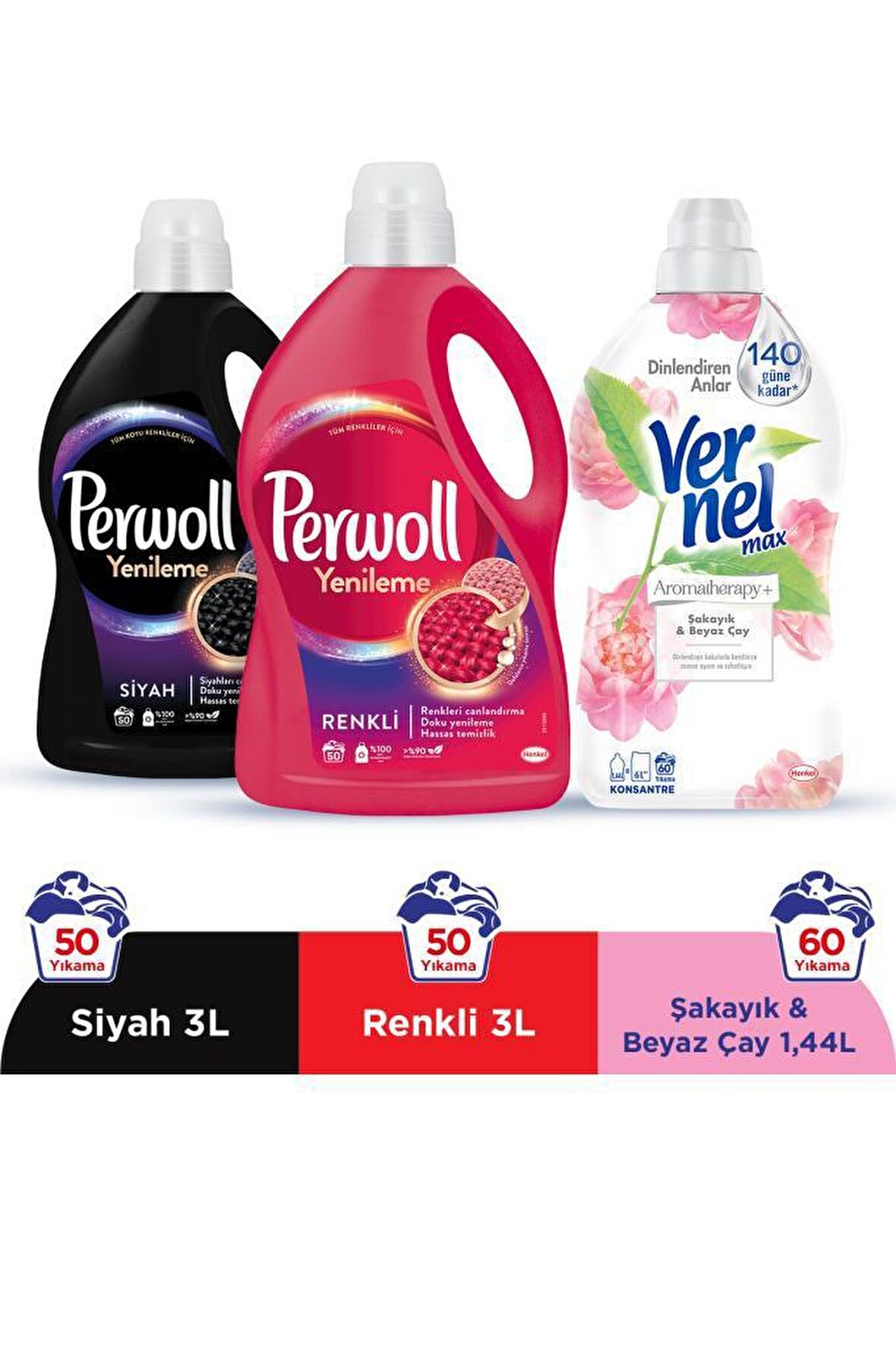 Perwoll Sıvı Çamaşır Deterjanı Siyah 2.97 L + Renkli 2.97 L + Vernel Max Şakayık 1440 ML