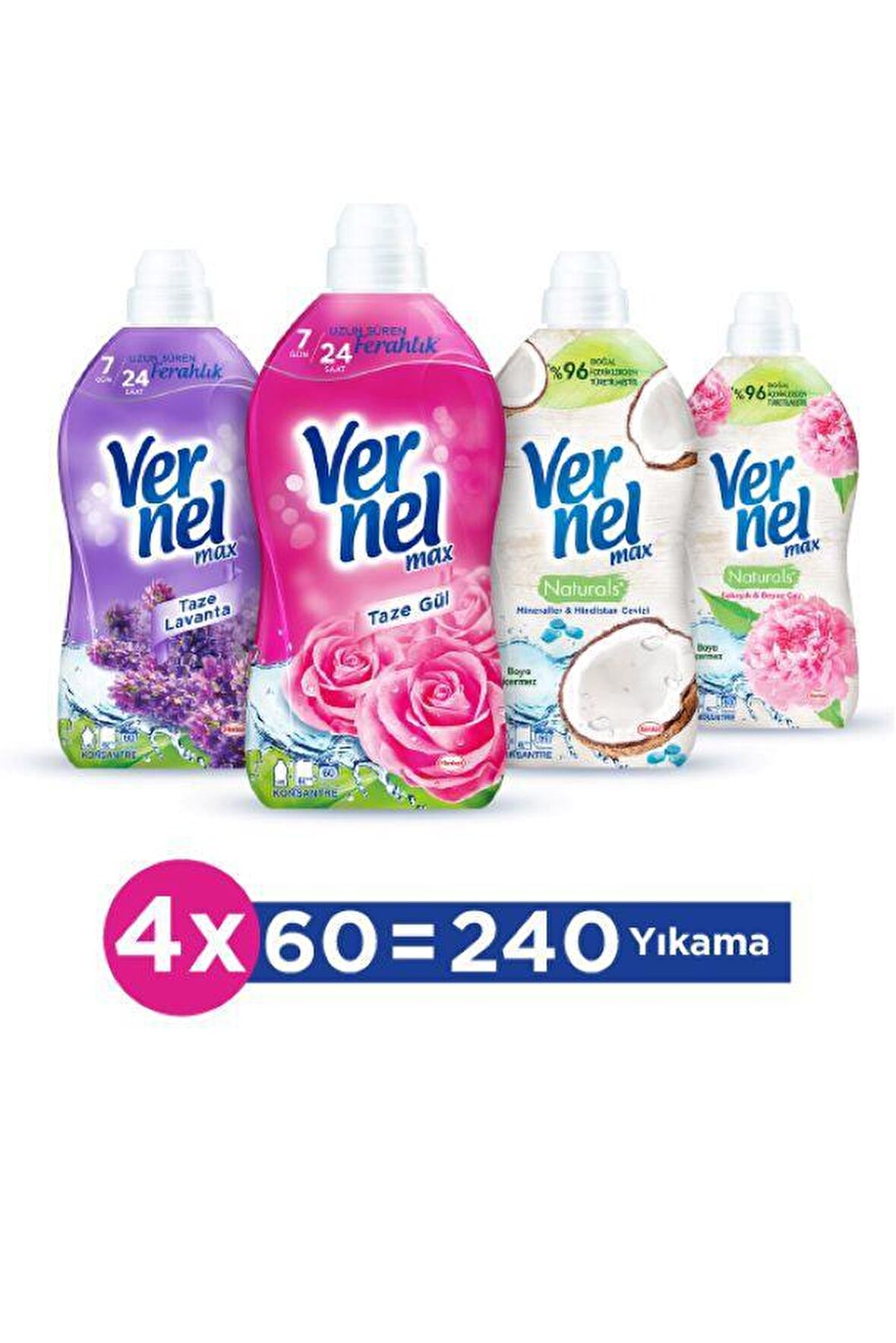 Vernel Max Naturals Şakayık & Beyaz Çay & Hindistan Cevizi & Taze Gül & Taze Lavanta Beyazlar ve Renkliler İçin Konsantre Yumuşatıcı 4 x 1440 ml 240 Yıkama