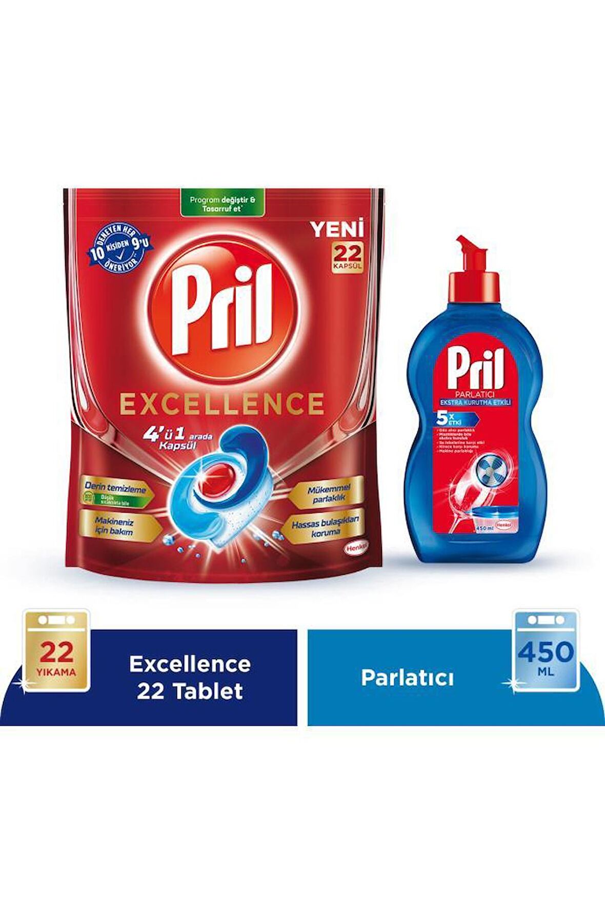 Pril Excellence 22 Tablet + Pril Bulaşık Makinesi Parlatıcı 450ml+ Pril 2kg tuz