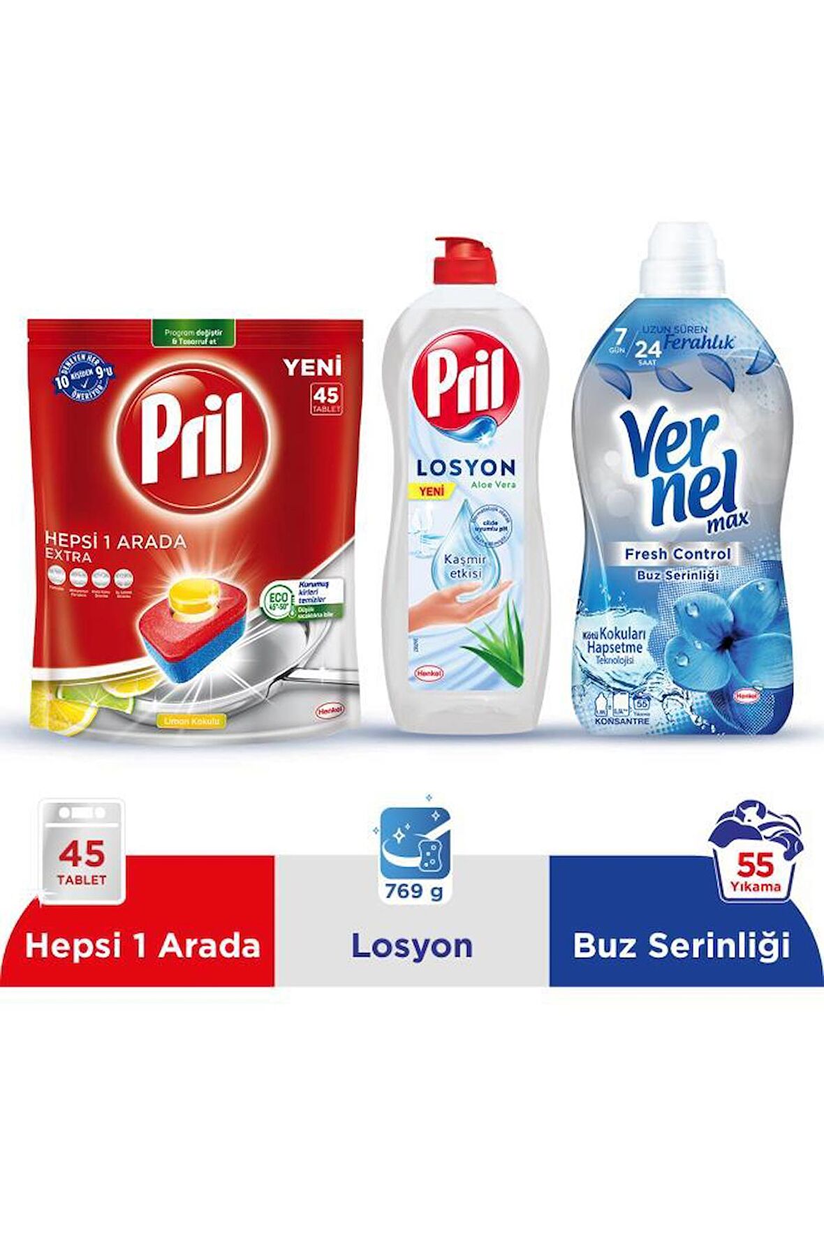 Pril Hepsi Bir Arada 45 Bulaşık Makinesi Tableti+Elde Yıkama Losyon 769g+Vernel Yumuşatcı Buz 1320ml