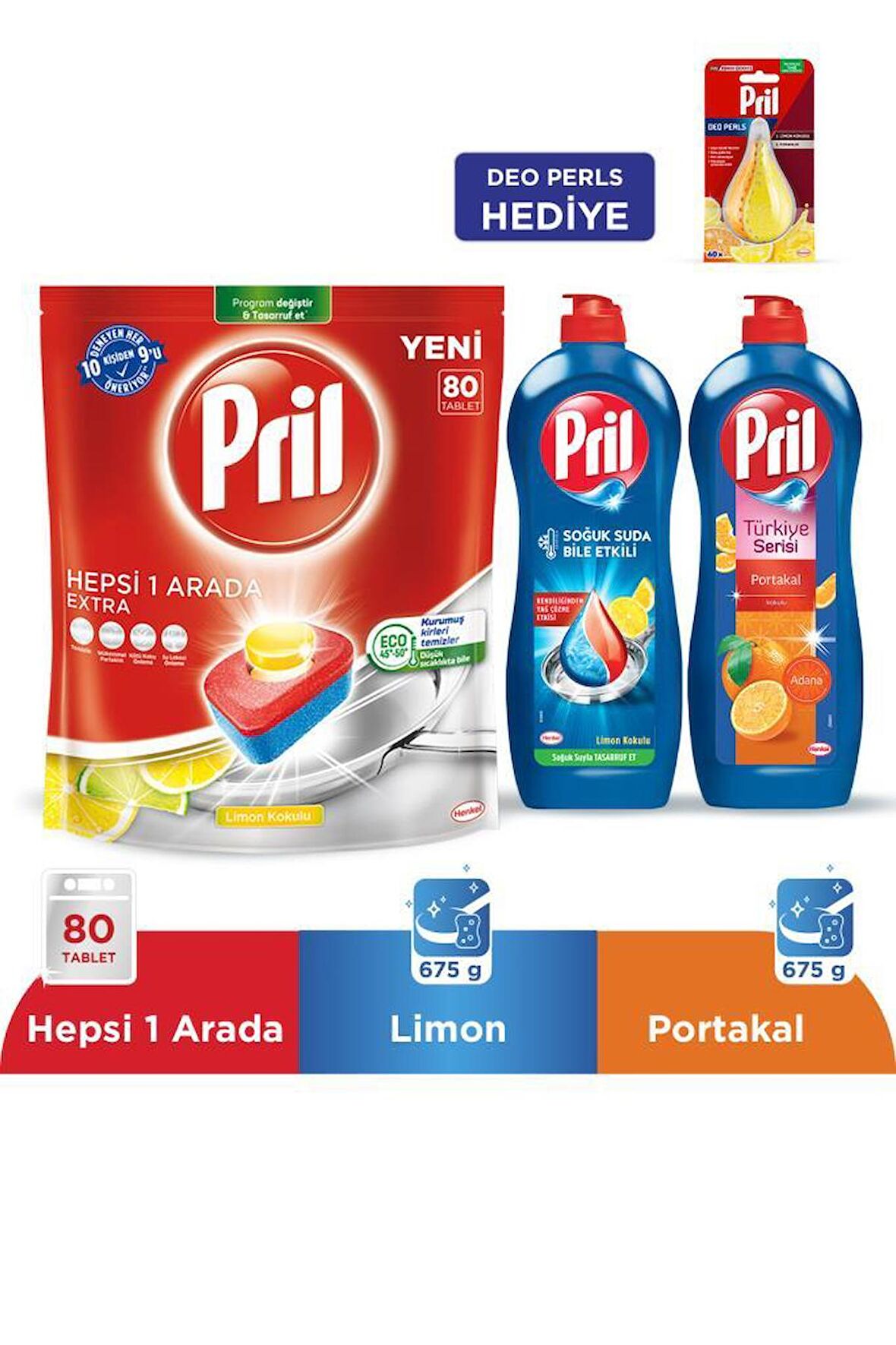 Pril Hepsi Bir Arada Extra Bulaşık Makinesi Tableti 80'li + Sıvı Bulaşık Makinesi Deterjanı Portakal & Limon 