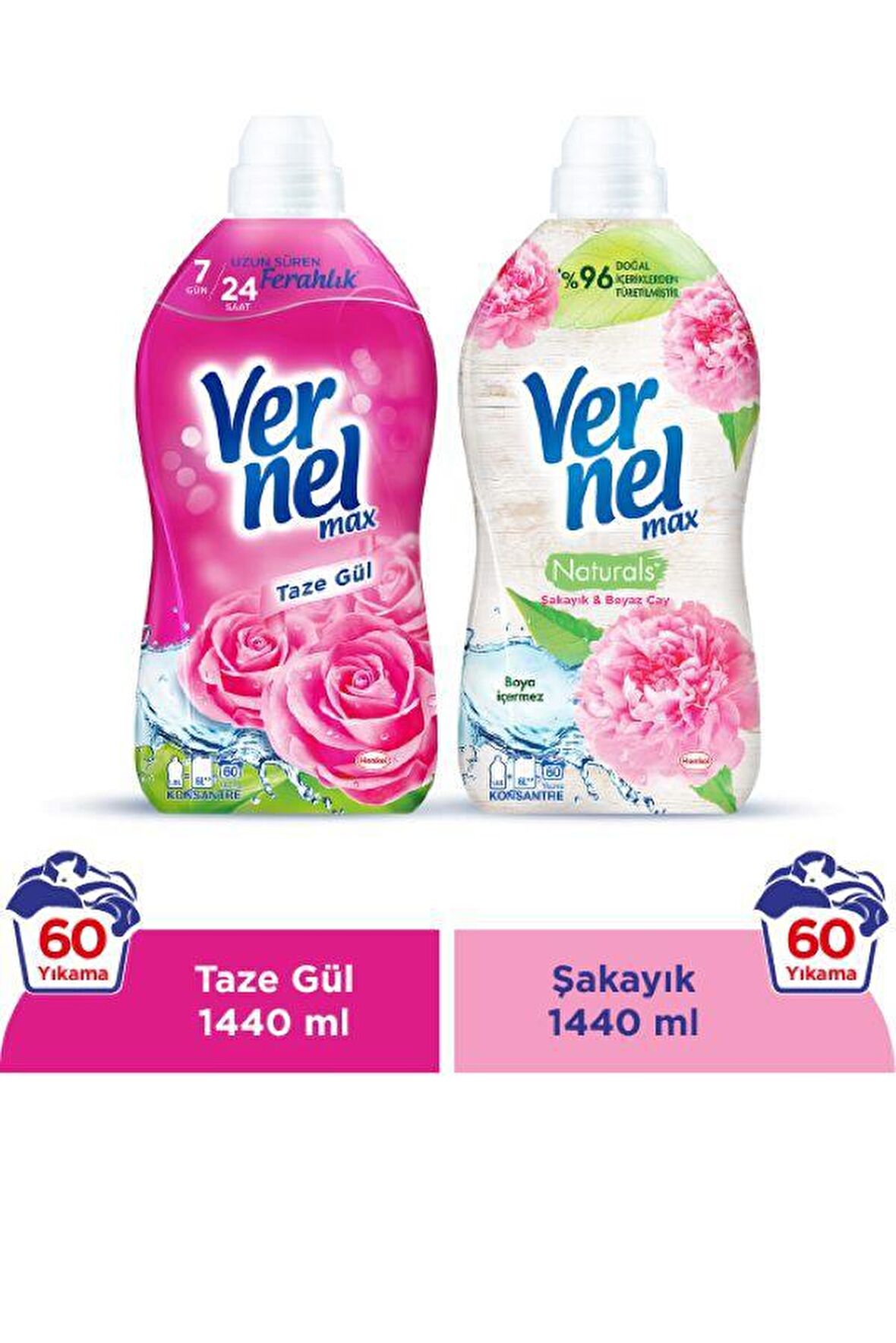 Vernel Max Naturals Şakayık & Beyaz Çay & Taze Gül Beyazlar ve Renkliler İçin Konsantre Yumuşatıcı 2 x 1440 ml 120 Yıkama