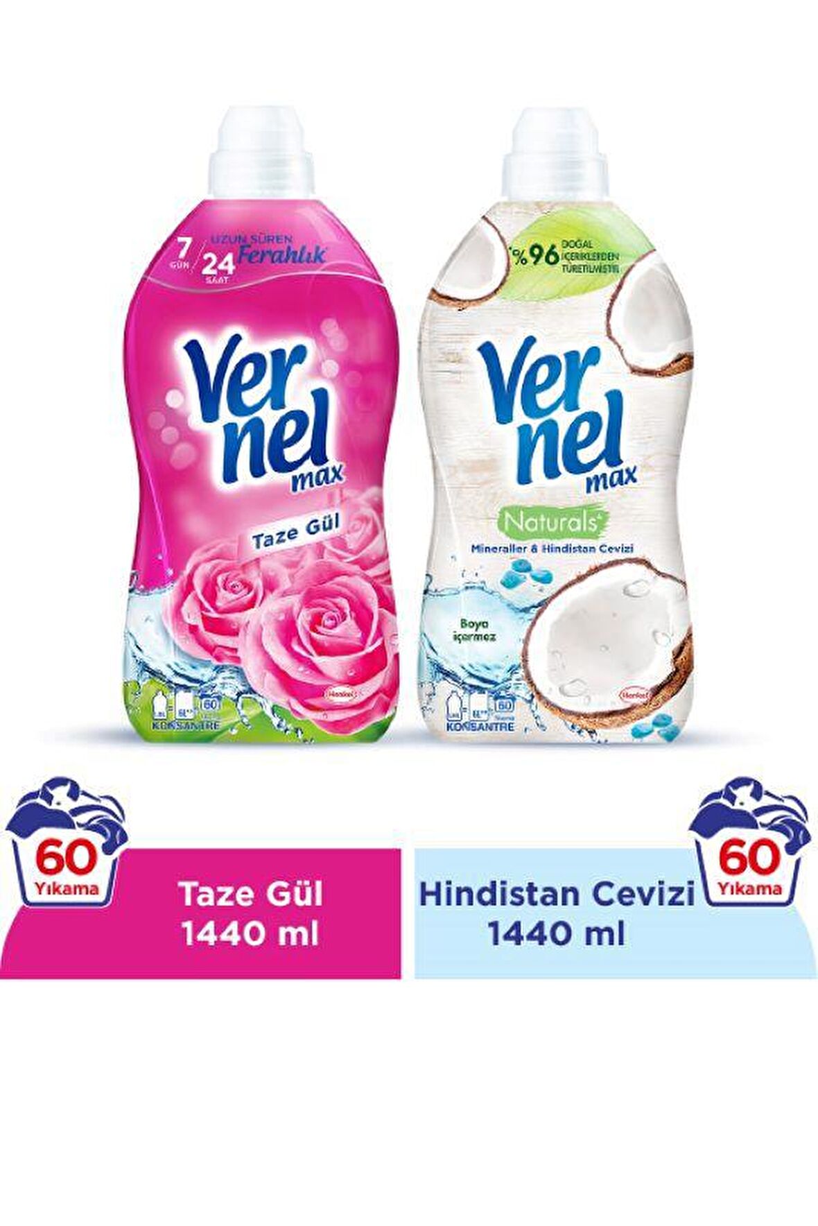 Vernel Max Naturals Hindistan Cevizi & Taze Gül Beyazlar ve Renkliler İçin Konsantre Yumuşatıcı 2 x 1440 ml 120 Yıkama
