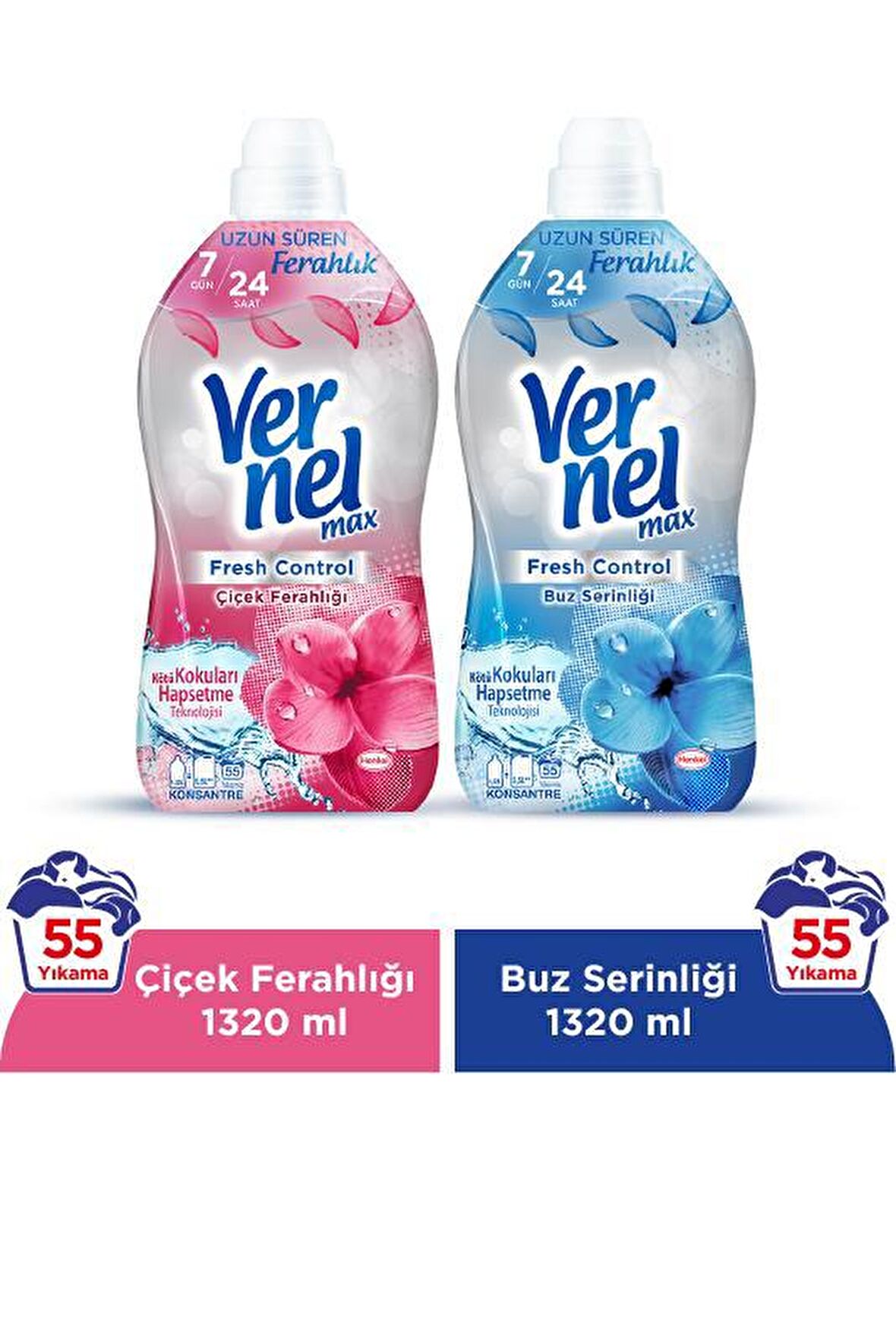 Vernel Max Fresh Control Çiçek Ferahlığı & Buz Serinliği Beyazlar ve Renkliler İçin Konsantre Yumuşatıcı 2 x 1320 ml 110 Yıkama