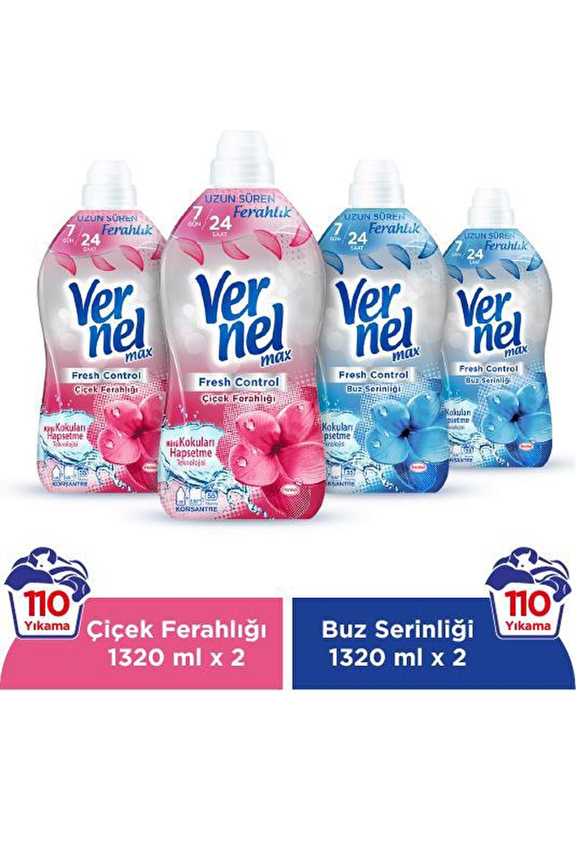 Vernel Max Fresh Control Çiçek Ferahlığı & Buz Serinliği Beyazlar ve Renkliler İçin Konsantre Yumuşatıcı 4 x 1440 ml 220 Yıkama