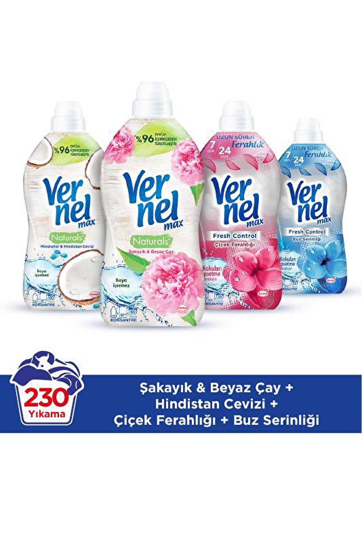 Vernel Max Fresh Control & Naturals Şakayık & Beyaz Çay & Çiçek Ferahlığı & Hindistan Cevizi & Buz Serinliği Beyazlar ve Renkliler İçin Konsantre Yumuşatıcı 4 x 1440 ml 230 Yıkama