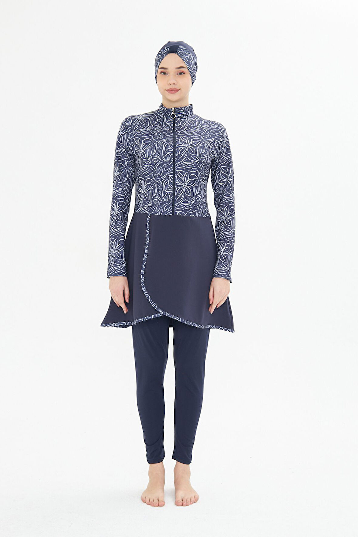 Kadın Tam Kapalı Tesettür Mayo 4 Parça – Desenli – LACİVERT-XL