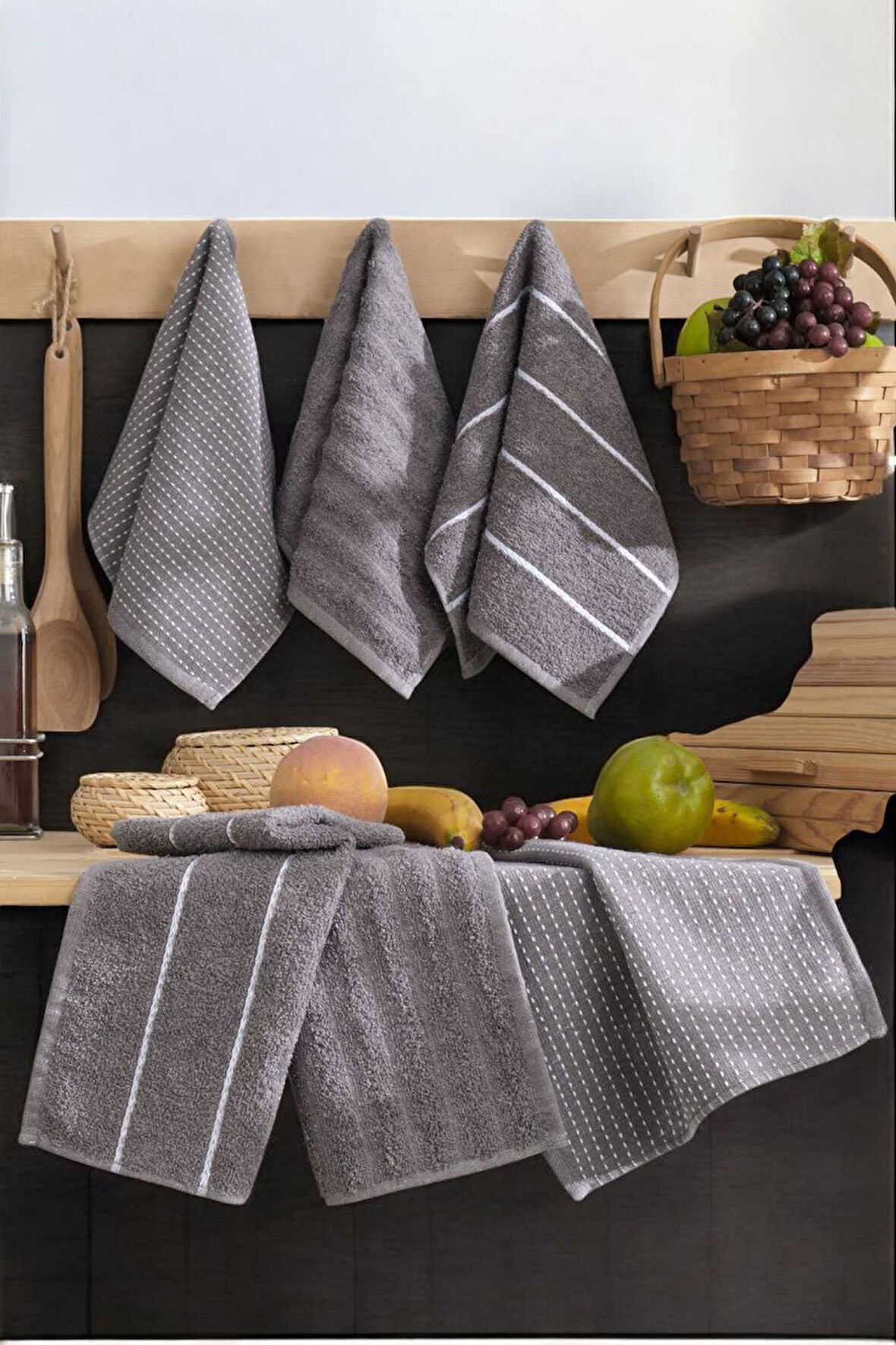 6 lı Luna Naturel Mutfak Havlu Seti &#37;100 Pamuklu 30X50 Cm Antrasit