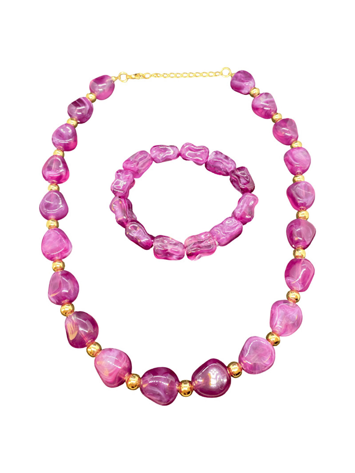 Mor ve Altın Renk Detaylı Şık Akrilik Damla Boncuk Bileklik ve Kolye Seti | Şık Ve Parlak Tasarım