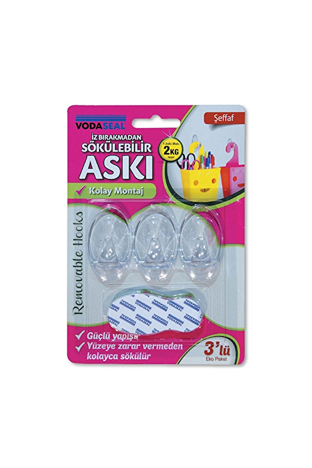 3 ADET  Vodaseal 3'lü Askı Şeffaf İz Bırakmayan