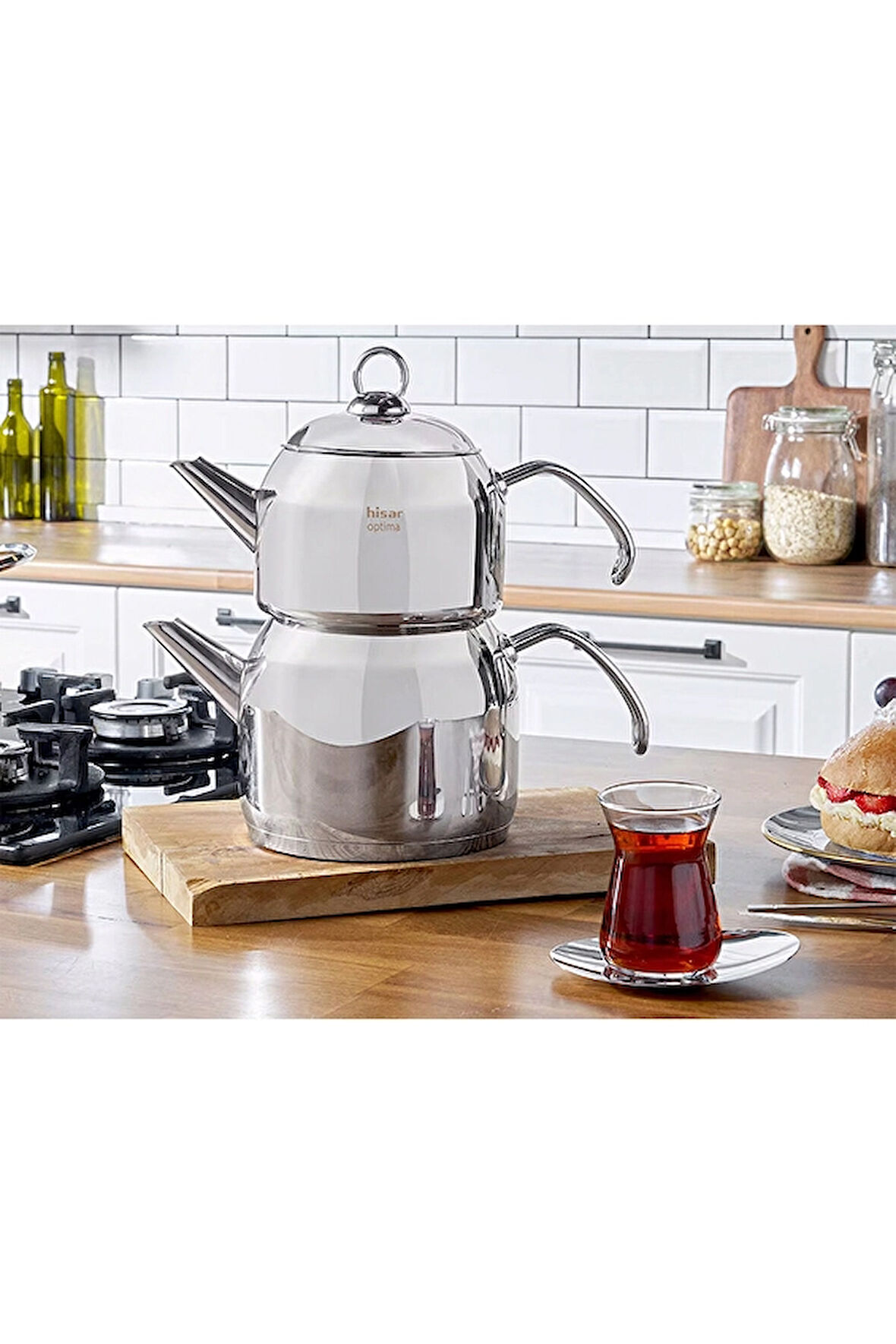 3 ADET  Hisar Satürn Metal Kulplu Çaydanlık 2+1 L