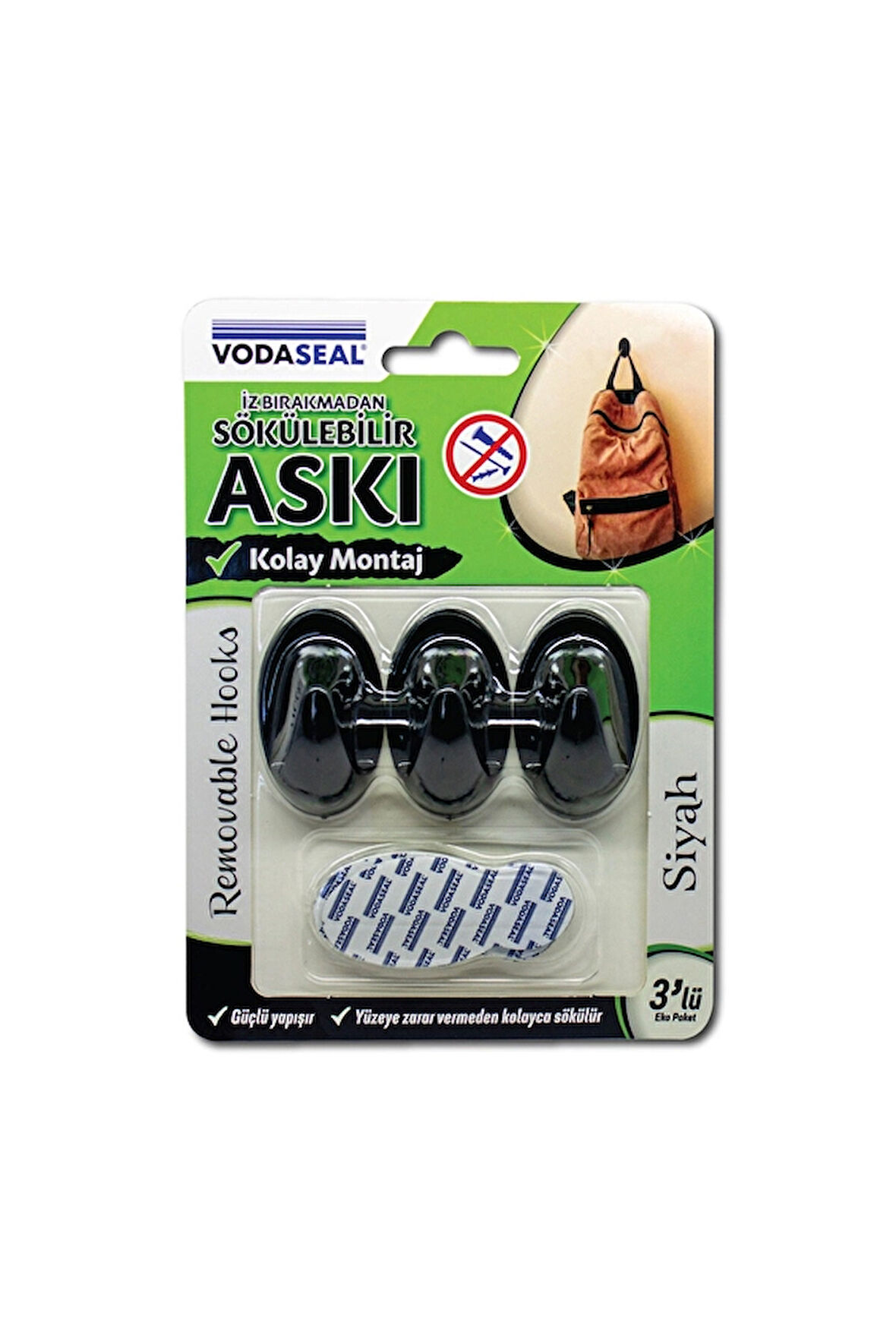 3 ADET  Vodaseal Sökülebilir Askı 3'lü Siyah
