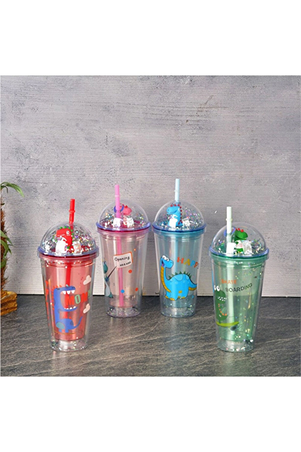 4 ADET   Tohana Polikarbon Pipetli Bardak Dinazor Işıklı 450 cc