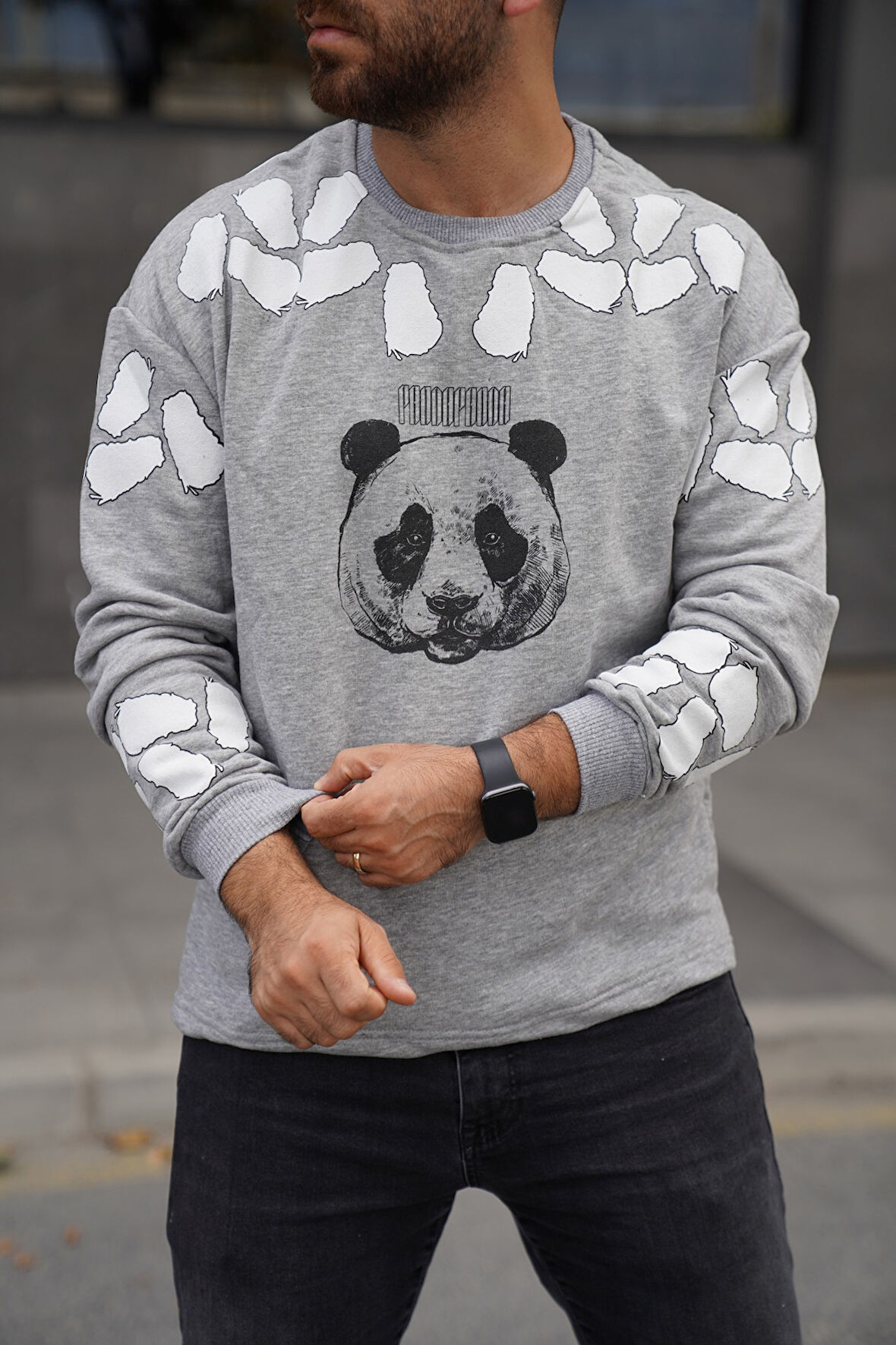 Sweatshirt Bisiklet Yaka Panda Baskılı Oversize Sweat