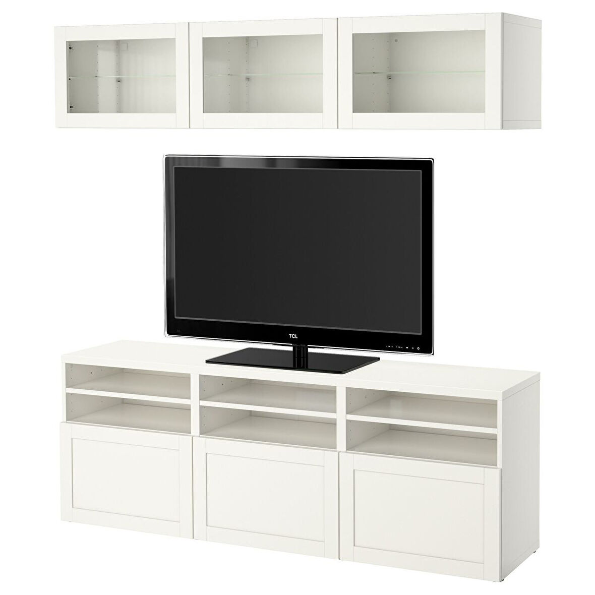 Tv ünitesi, beyaz-şeffaf cam, 180x42x192 cm, HANVIKEN/SINDVIK, çıt çıt raylı