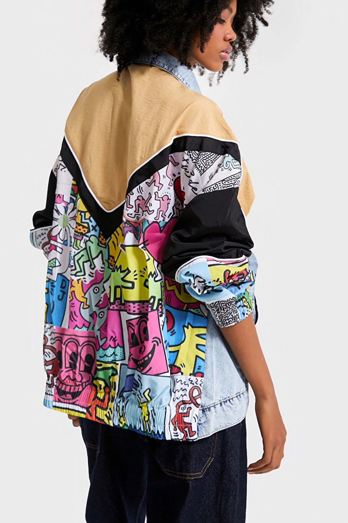 Kadın Kot Rengi Oversize Renkli Baskılı Özel Tasarım Denim Ceket