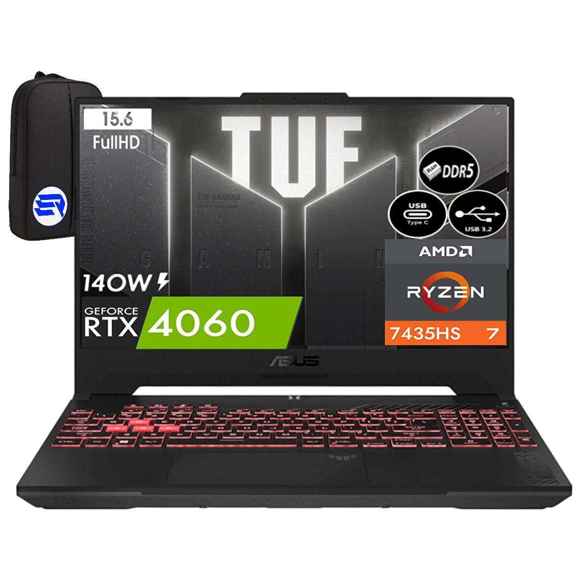 Asus Tuf Gaming A15 FA507NVR-LP099EP6 Ryzen 7-7435HS 32GB Ram 1tb SSD RTX4060 8gb 140W 15.6'' WIN11 Pro 144Hz + Elektropasaj Çanta