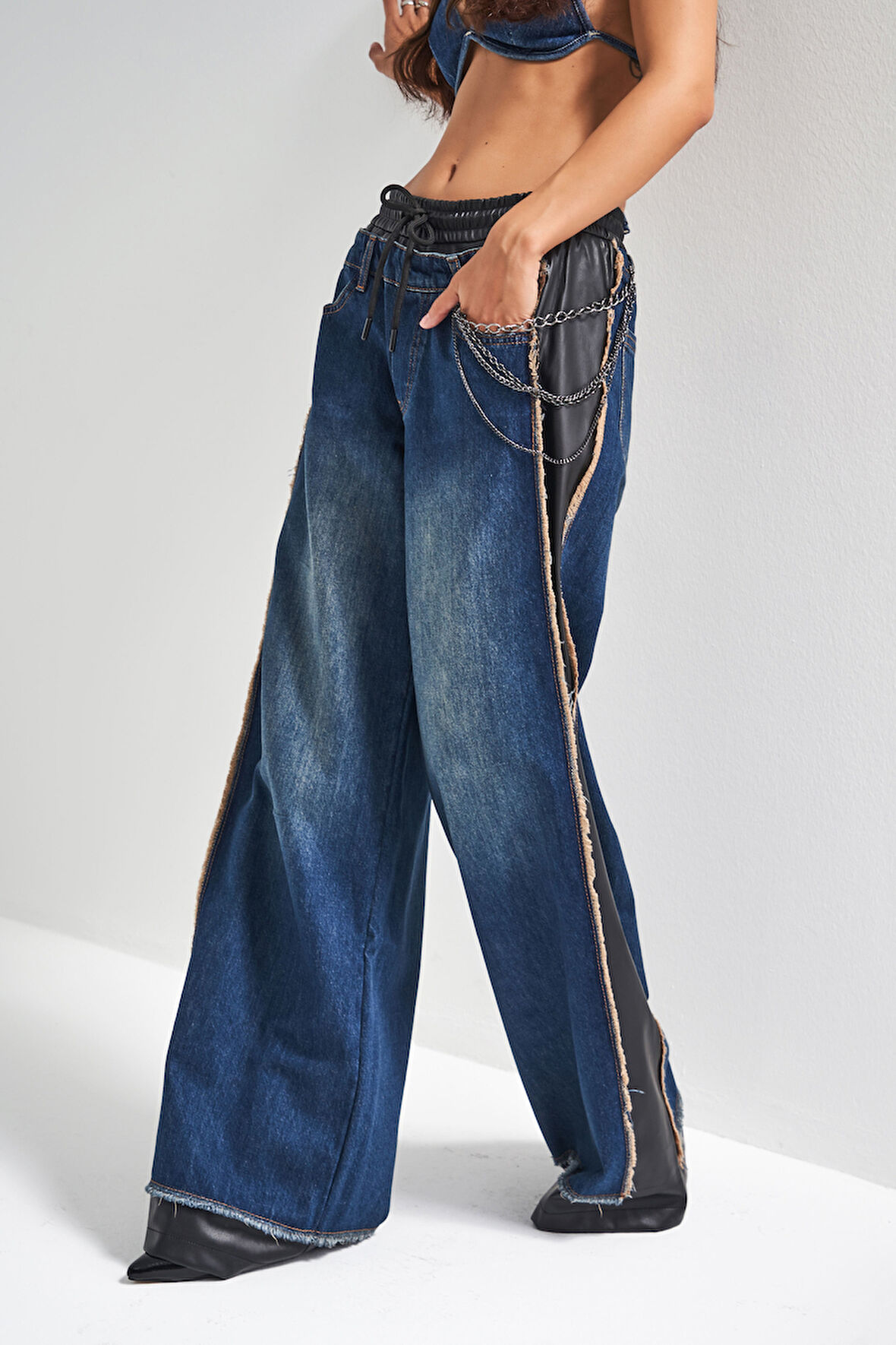 Kadın Kot Rengi Palazzo Fit Deri Denim Karışımlı Özel Tasarım Denim Jean