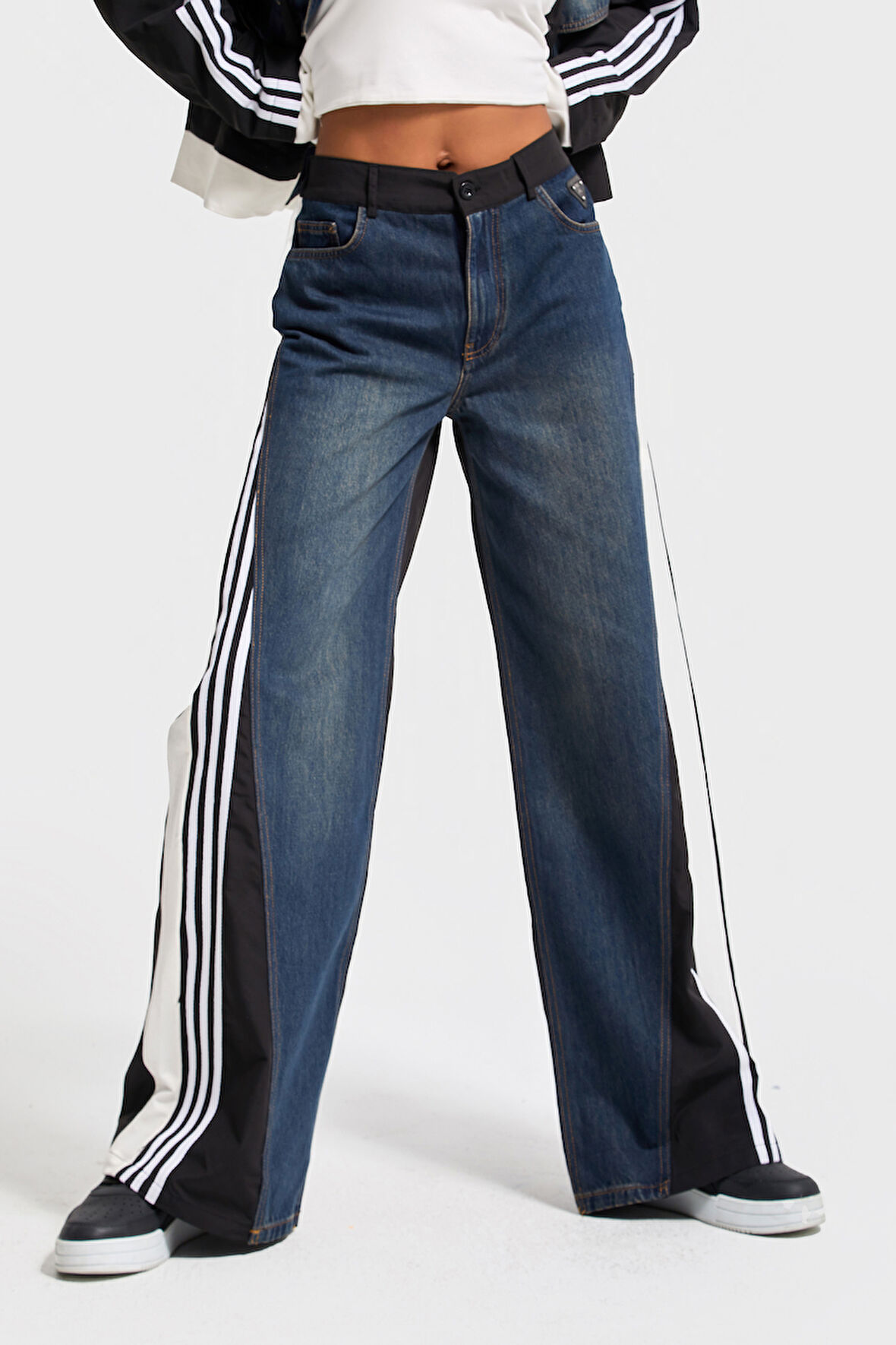 Kadın Kot Rengi Çift Parça Kumaş Şerit Detaylı Bol Kesim Özel Tasarım Denim Jean