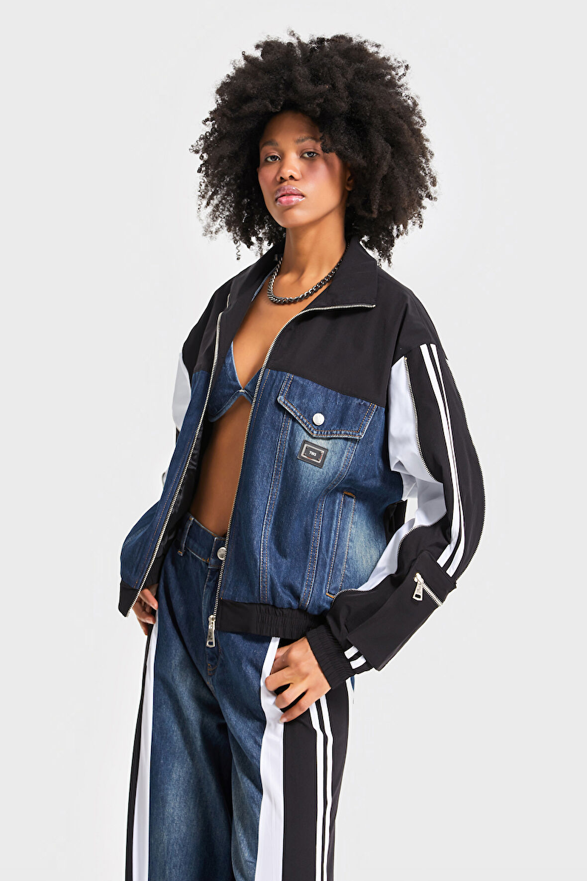 Kadın Kot Rengi Parçalı Kumaş Özel Tasarım Bol Kesim Denim Ceket